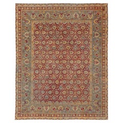 Antique Indian Agra Rug with Rust Red Field, Sage Green Border and Yellow