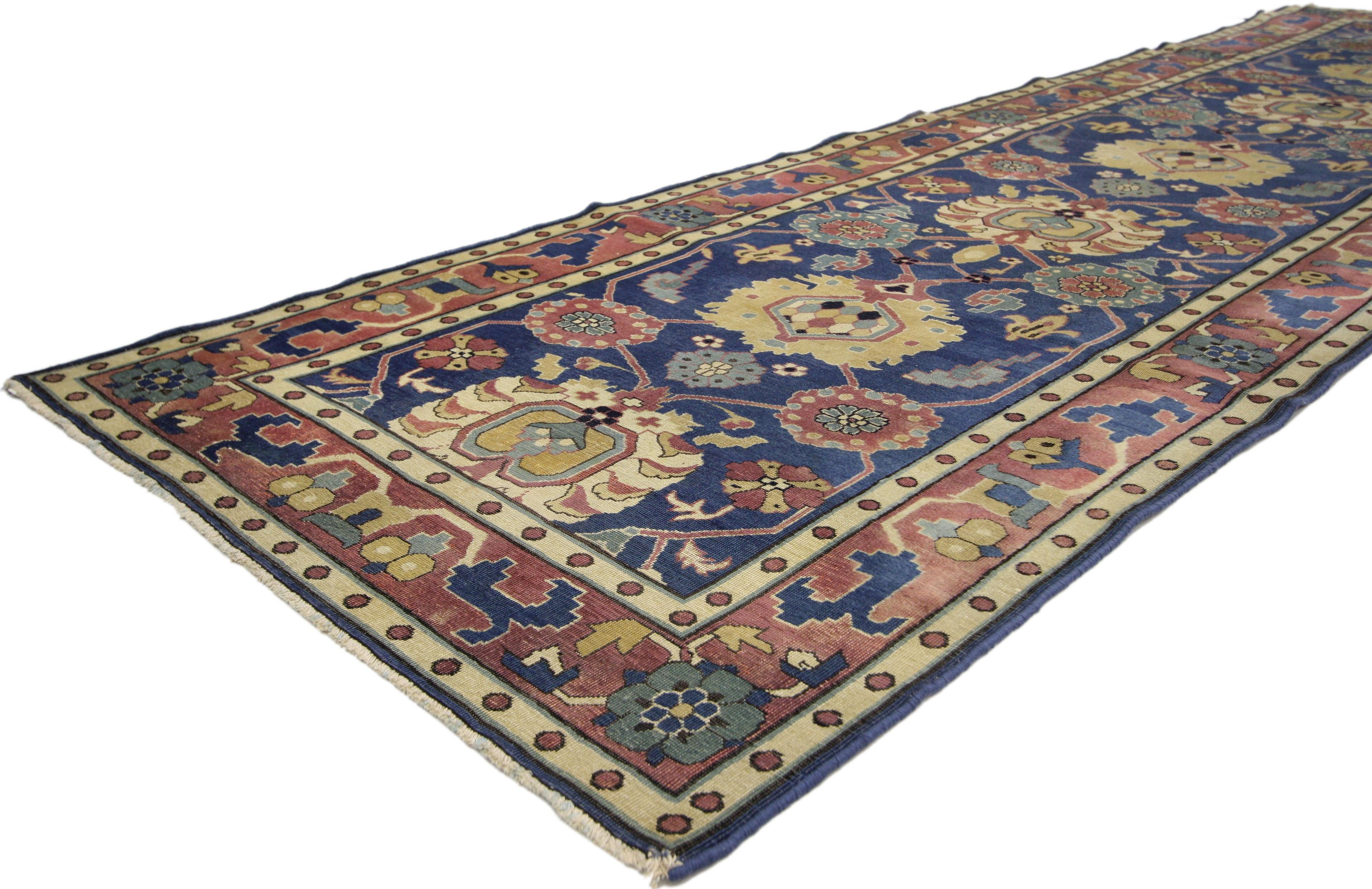 British Indian Ocean Territory Antique Indian Agra Runner in Blue with Modern Design