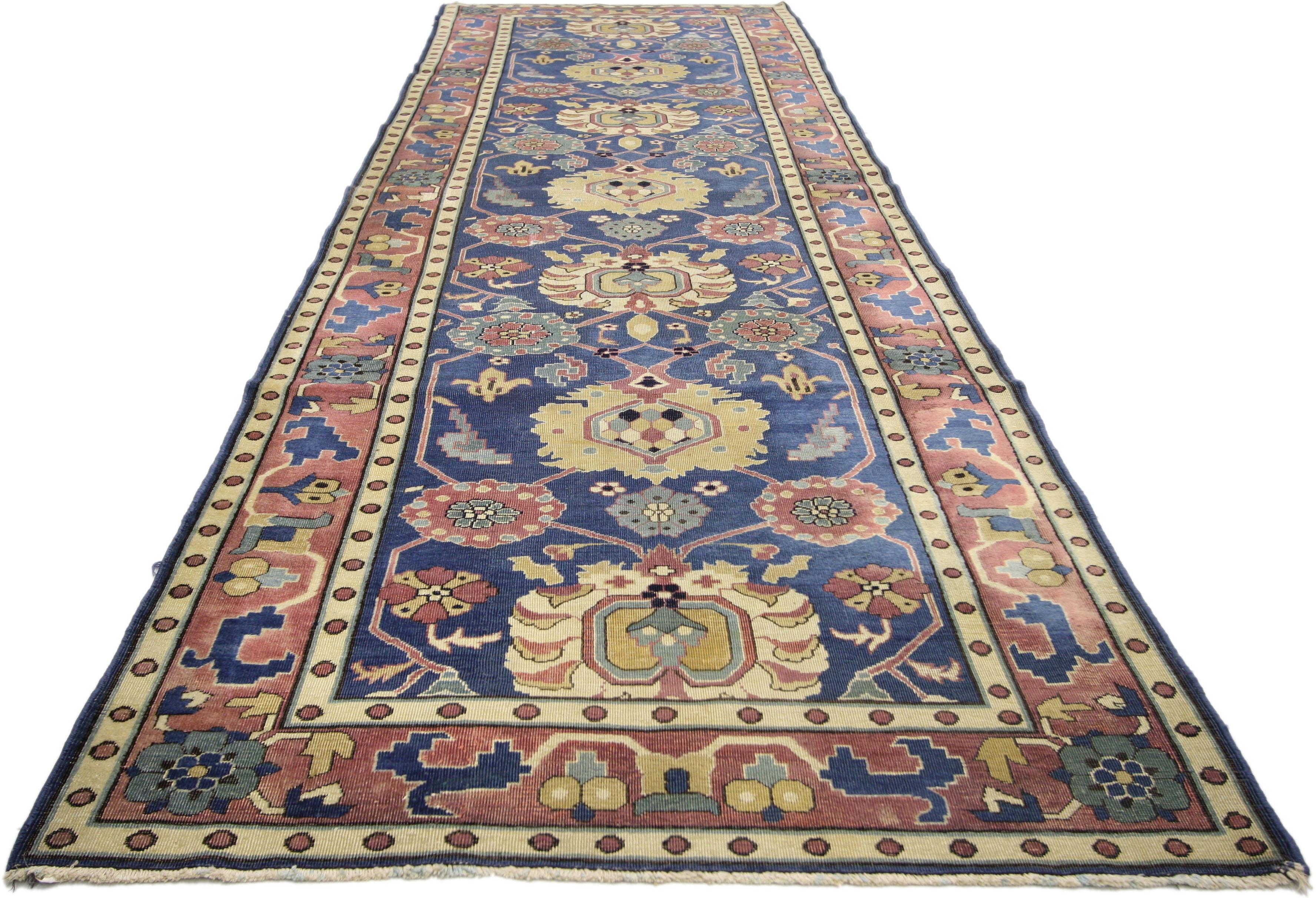 Hand-Knotted Antique Indian Agra Runner in Blue with Modern Design