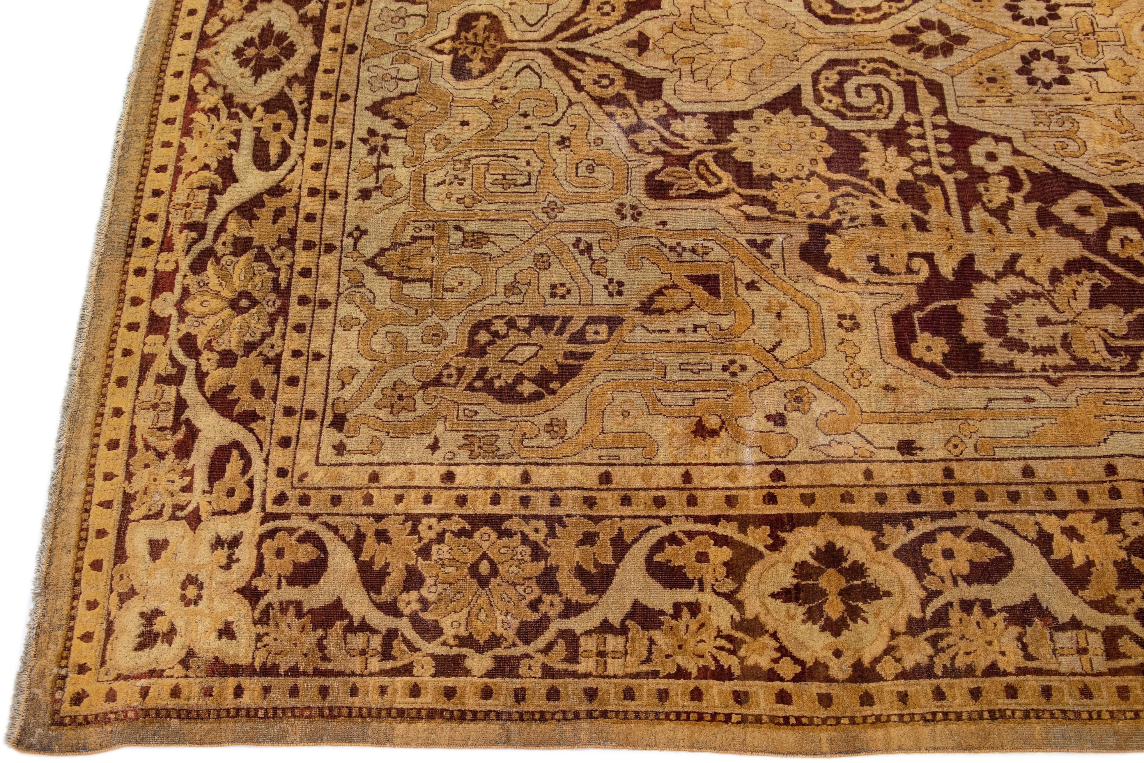 Anglo-Indian Antique Indian Agra Tan Handmade Allover Designed Wool Rug For Sale