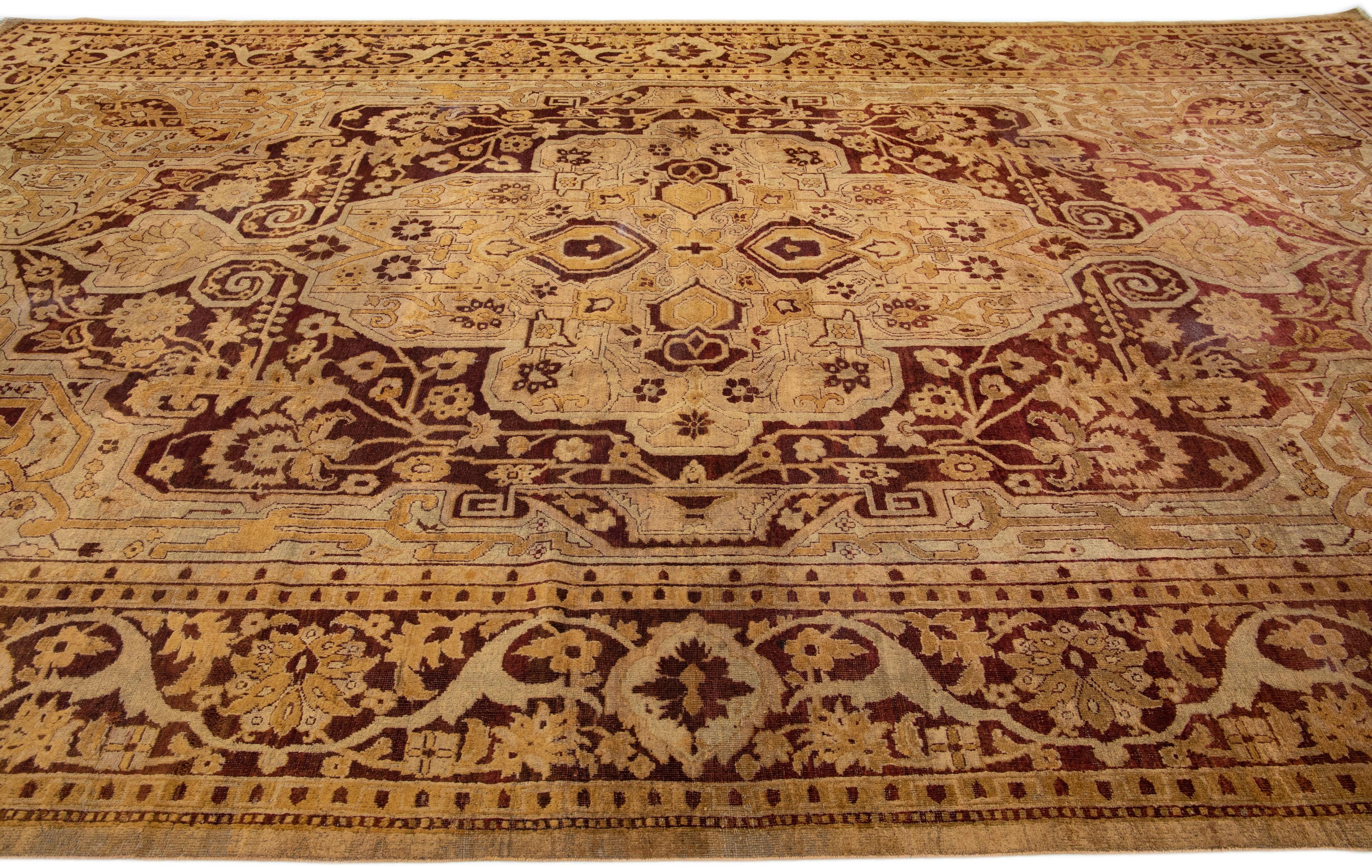 Antique Indian Agra Tan Handmade Allover Designed Wool Rug In Good Condition For Sale In Norwalk, CT