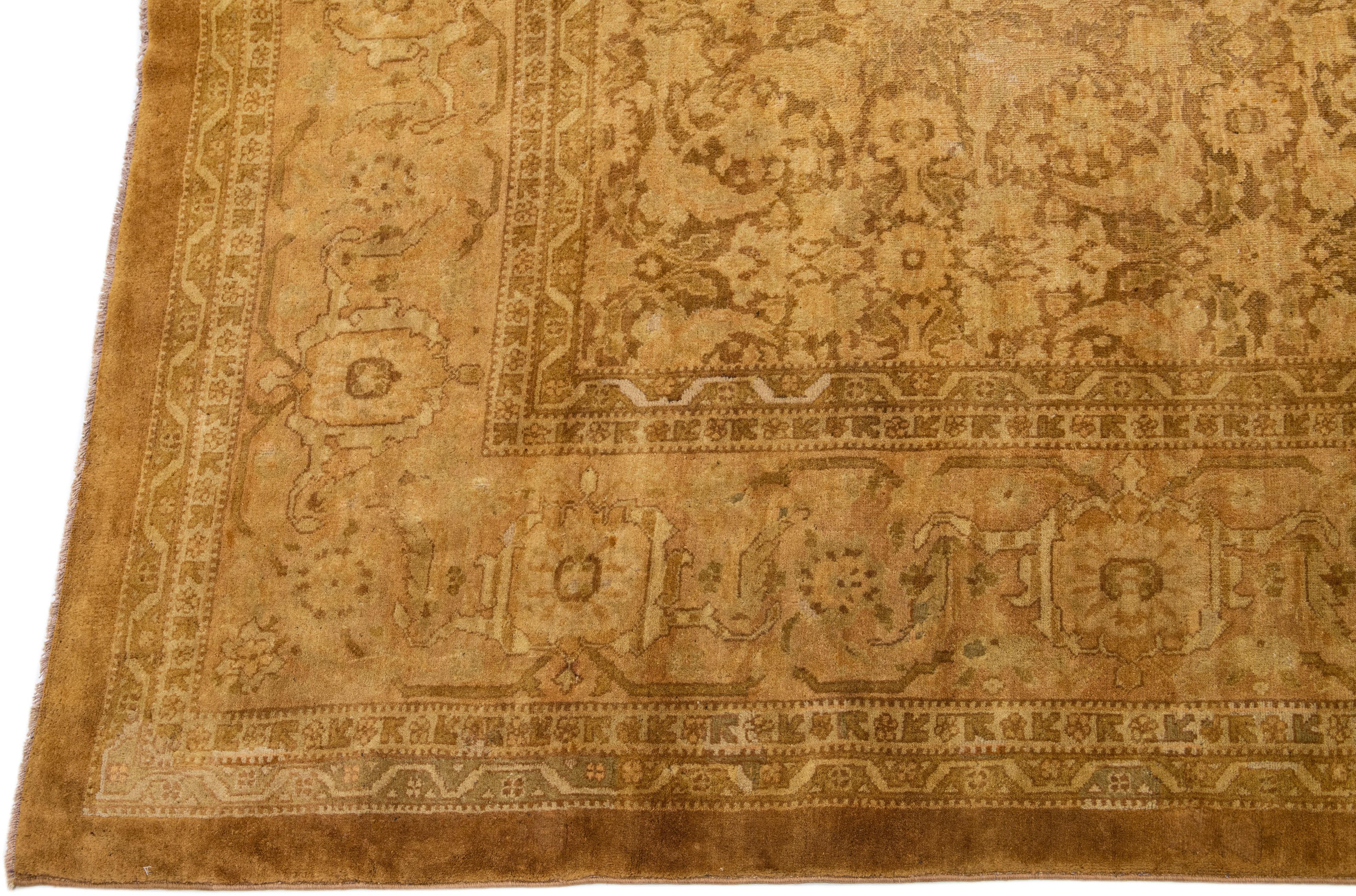 Hand-Knotted Antique Indian Agra Tan Handmade Wool Rug with Allover Design For Sale
