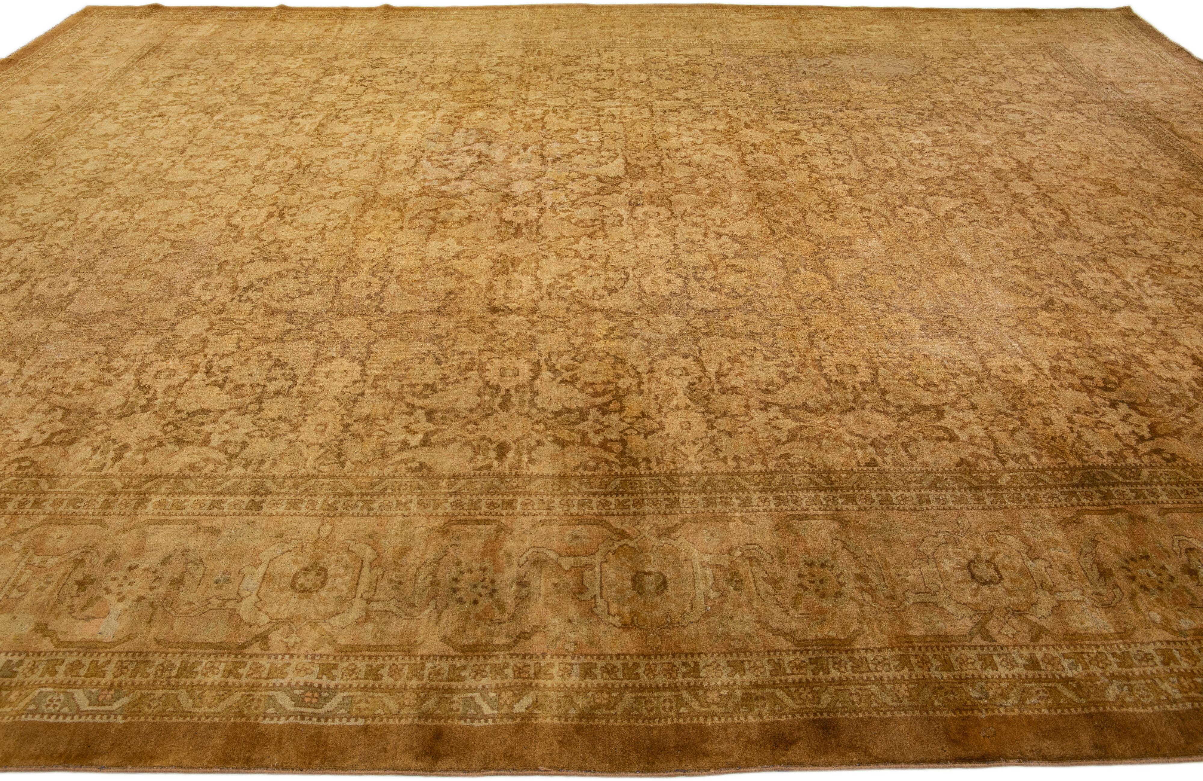 Antique Indian Agra Tan Handmade Wool Rug with Allover Design In Good Condition For Sale In Norwalk, CT