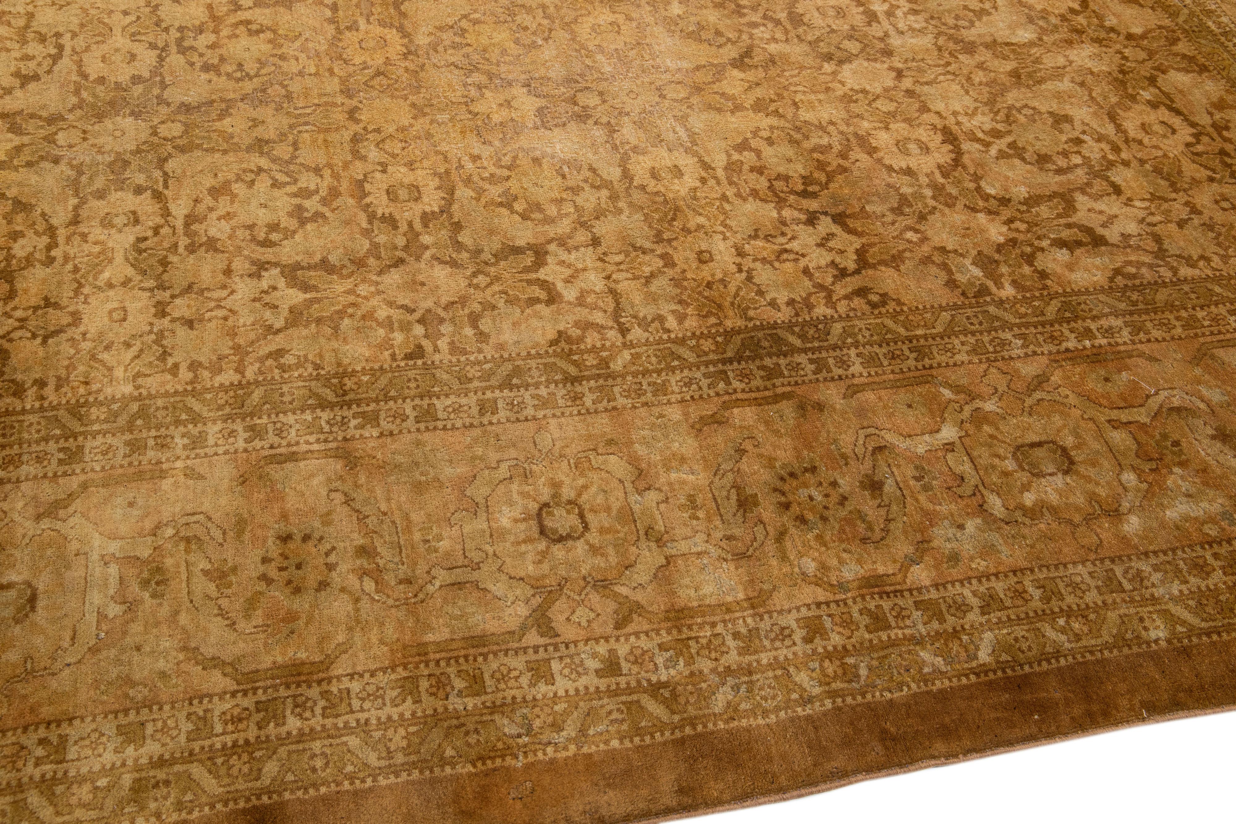 Antique Indian Agra Tan Handmade Wool Rug with Allover Design For Sale 1