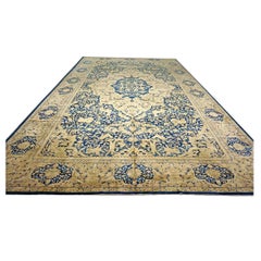 Antique Indian Agra Wool 12x20 Blue, Tan & Ivory Handmade Oversized Area Rug