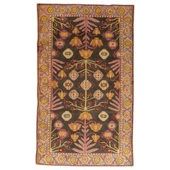 Antique Indian Agra Wool Rug in Pastel Violet, Beige, Yellow, Burgundy and Black
