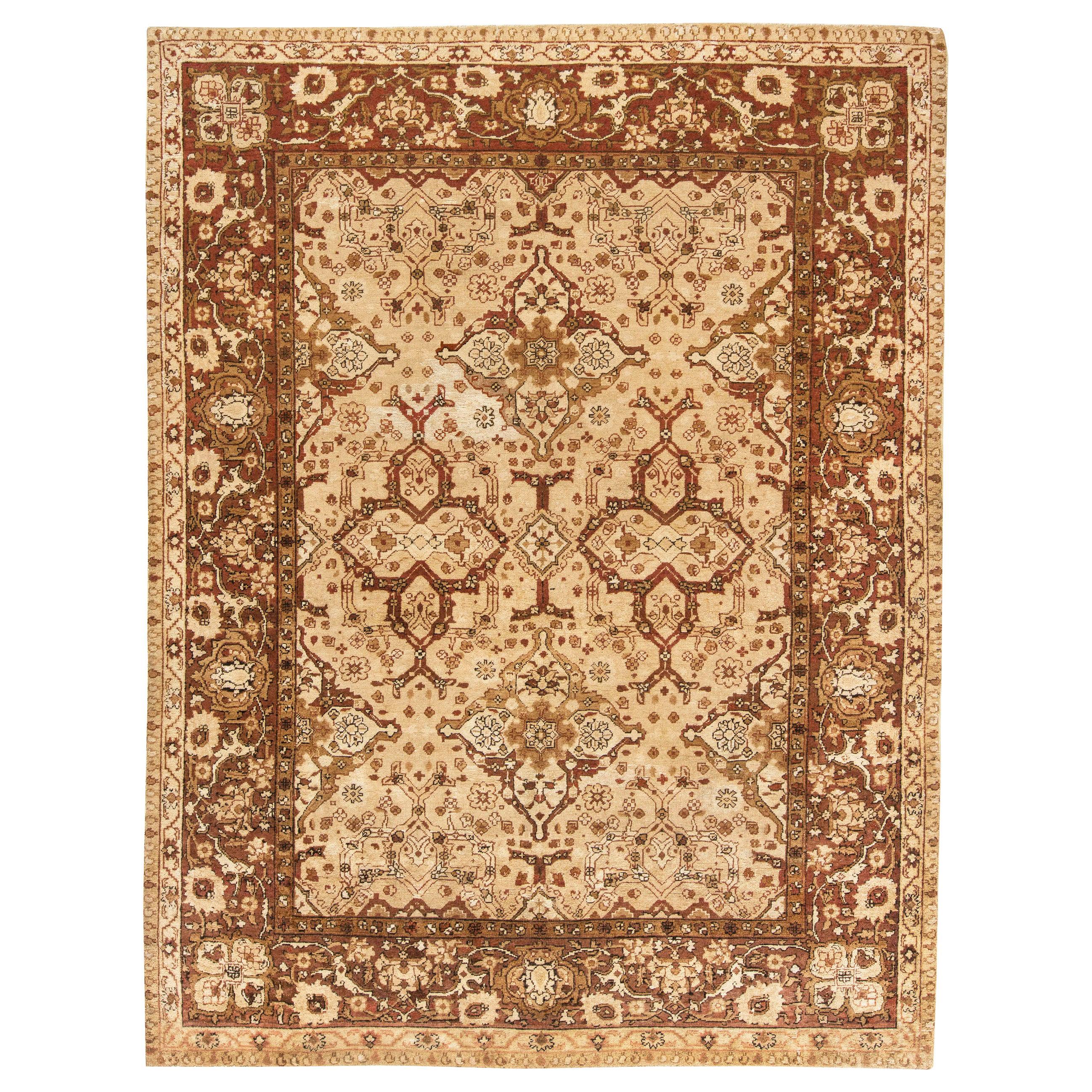 Antique Indian Amritsar Brown Handmade Wool Rug For Sale