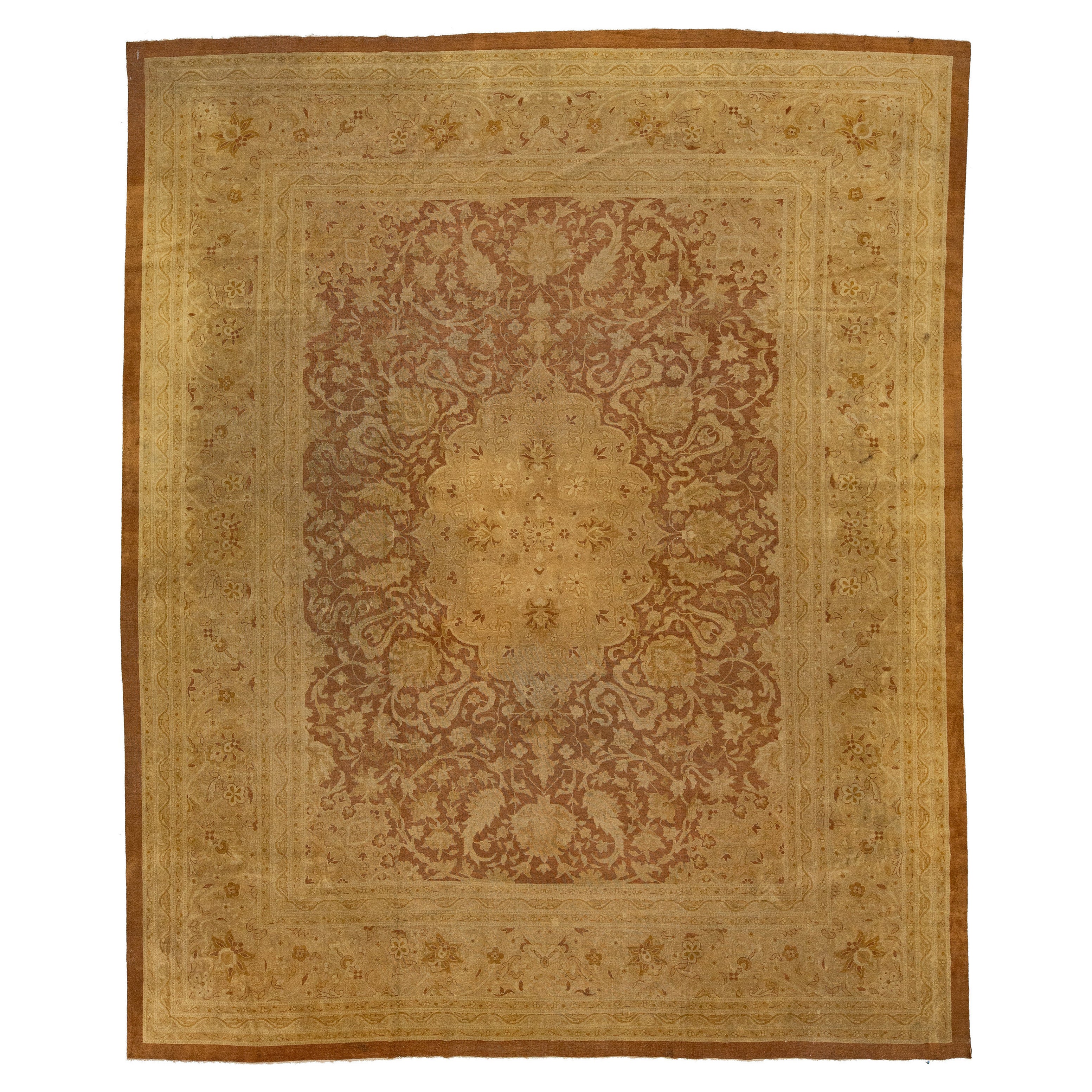 Ancien tapis indien en laine d'Amritsar Brown, fait à la main avec un design en médaillon
