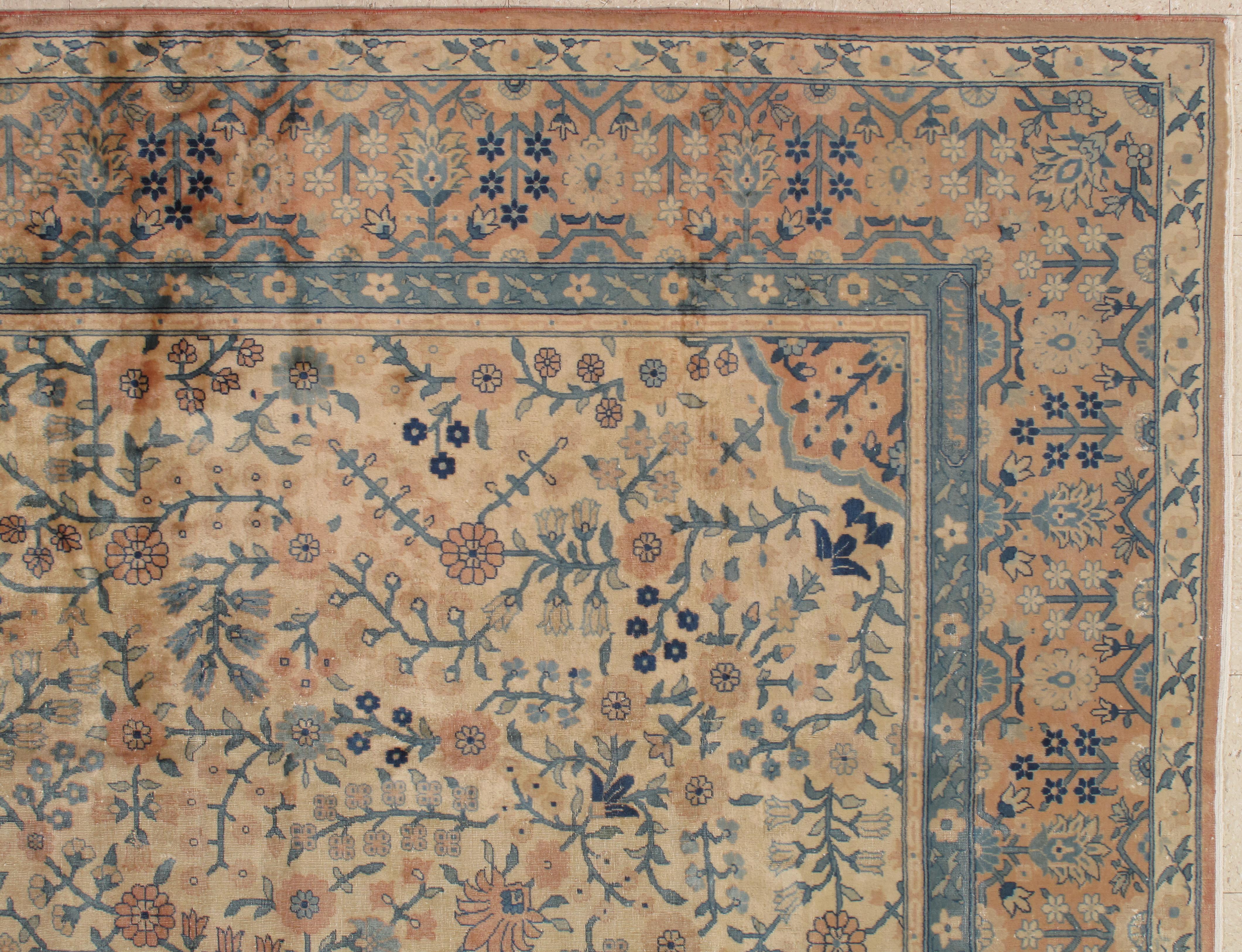 Agra Antique Indian Amritsar Handmade Oriental Rug, Blue, Taupe Creams Allover Design For Sale