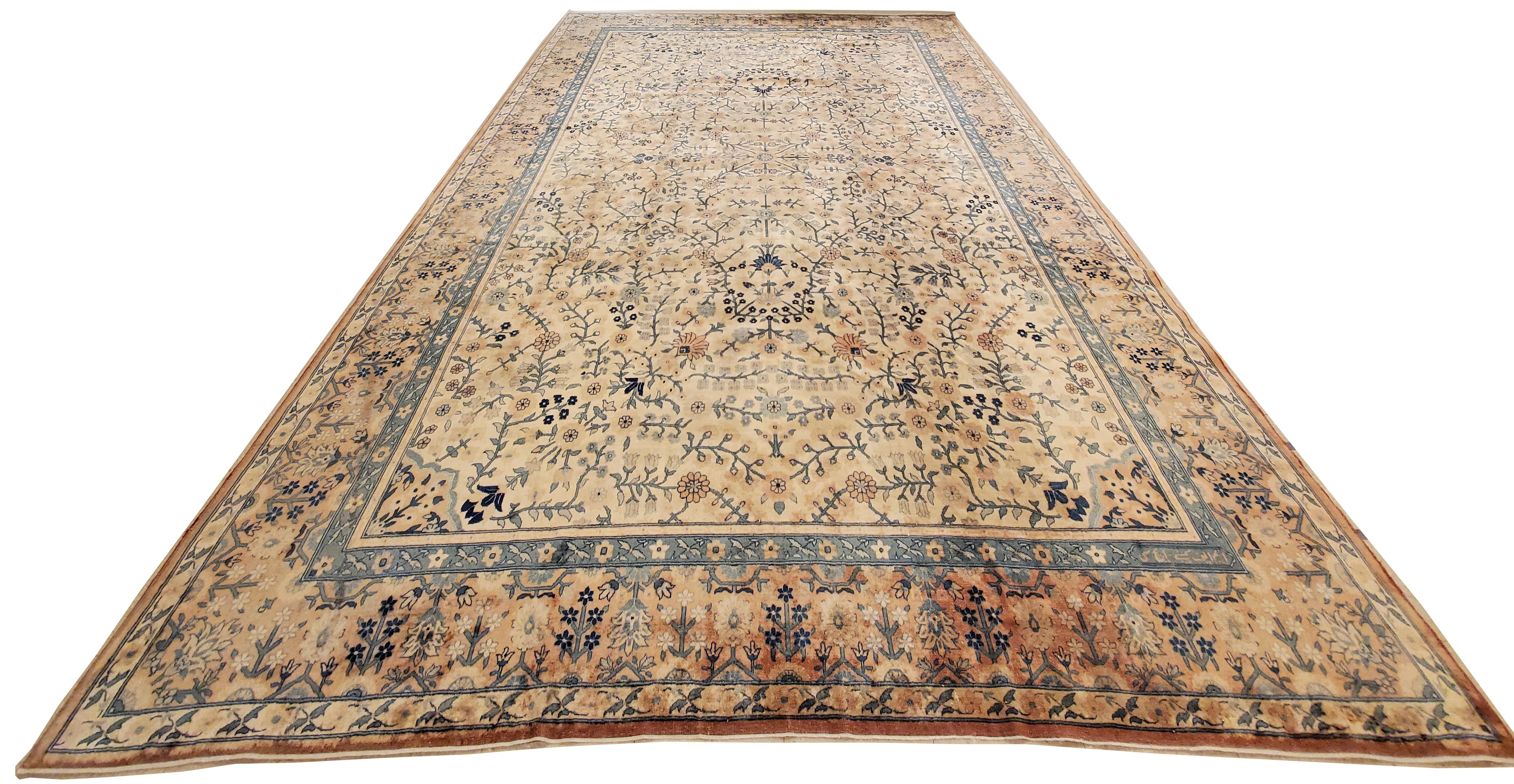 20th Century Antique Indian Amritsar Handmade Oriental Rug, Blue, Taupe Creams Allover Design For Sale