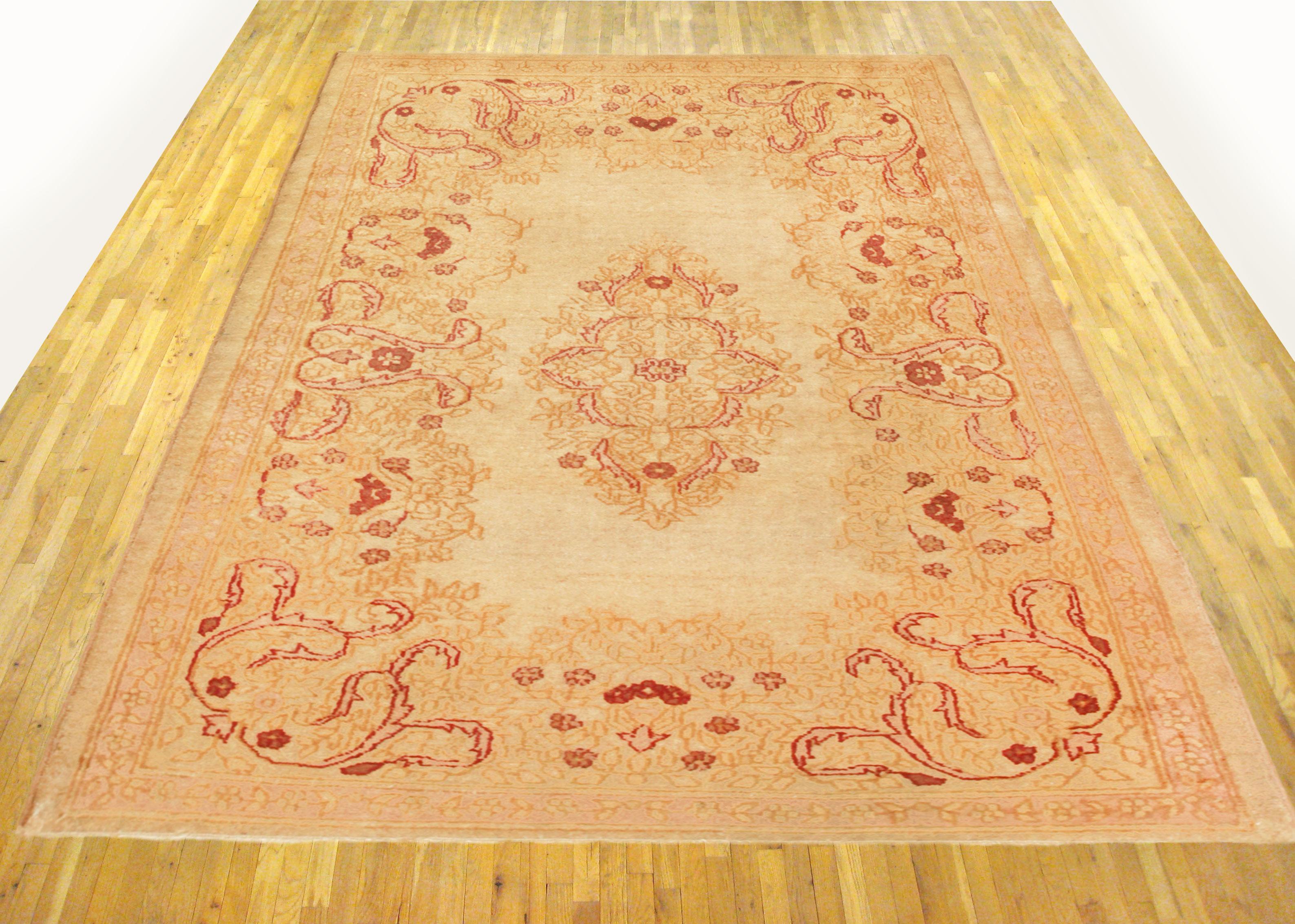 Antique Indian amritsar rug, Small size, circa 1890

A one-of-a-kind antique Indian Amritsar Oriental Carpet, hand-knotted with soft wool pile. This gorgeous carpet features a central medallion with a repeating floral design on the ivory primary