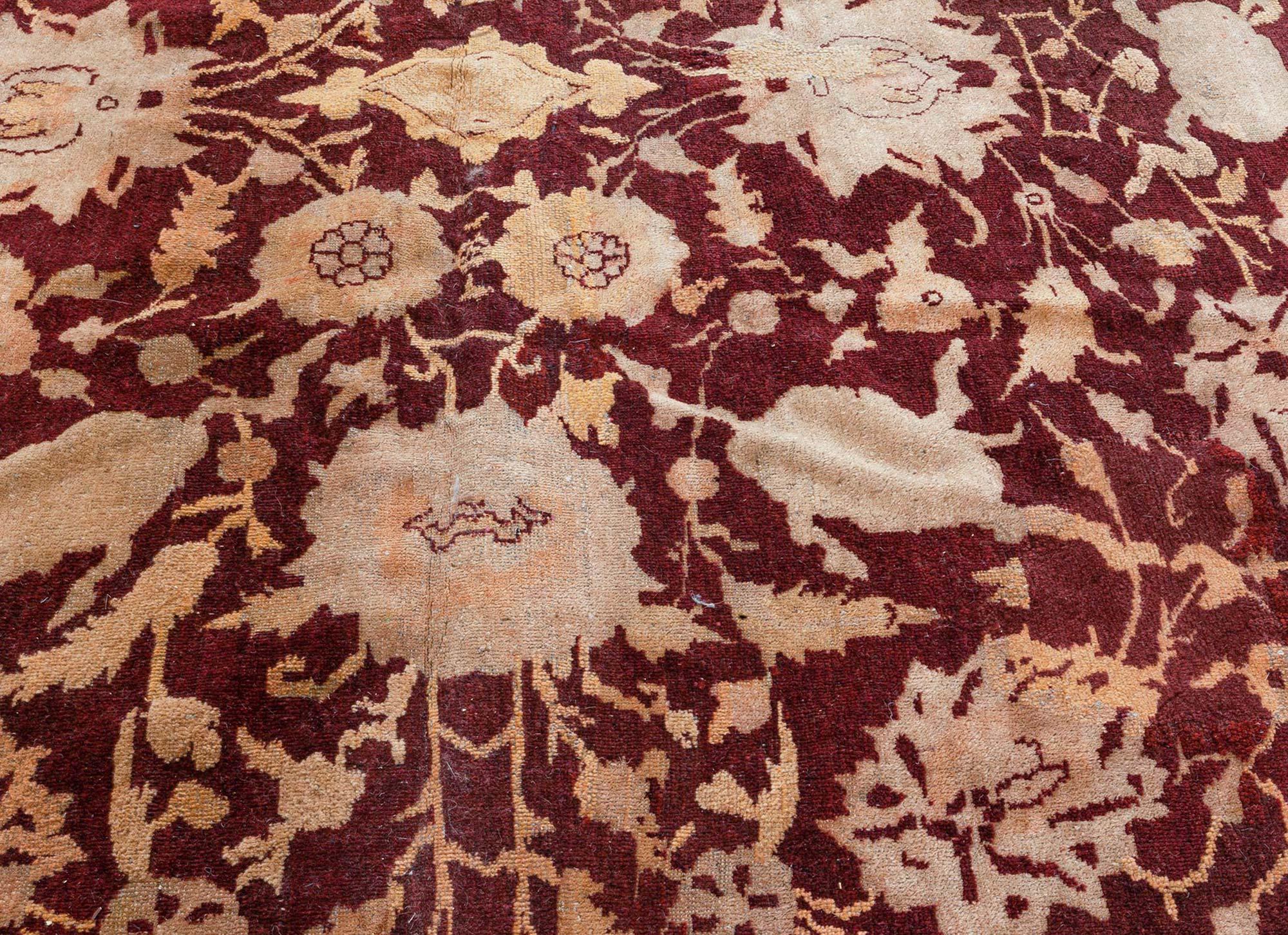 Hand-Knotted Antique Indian Amritsar Red and Beige Wool Carpet