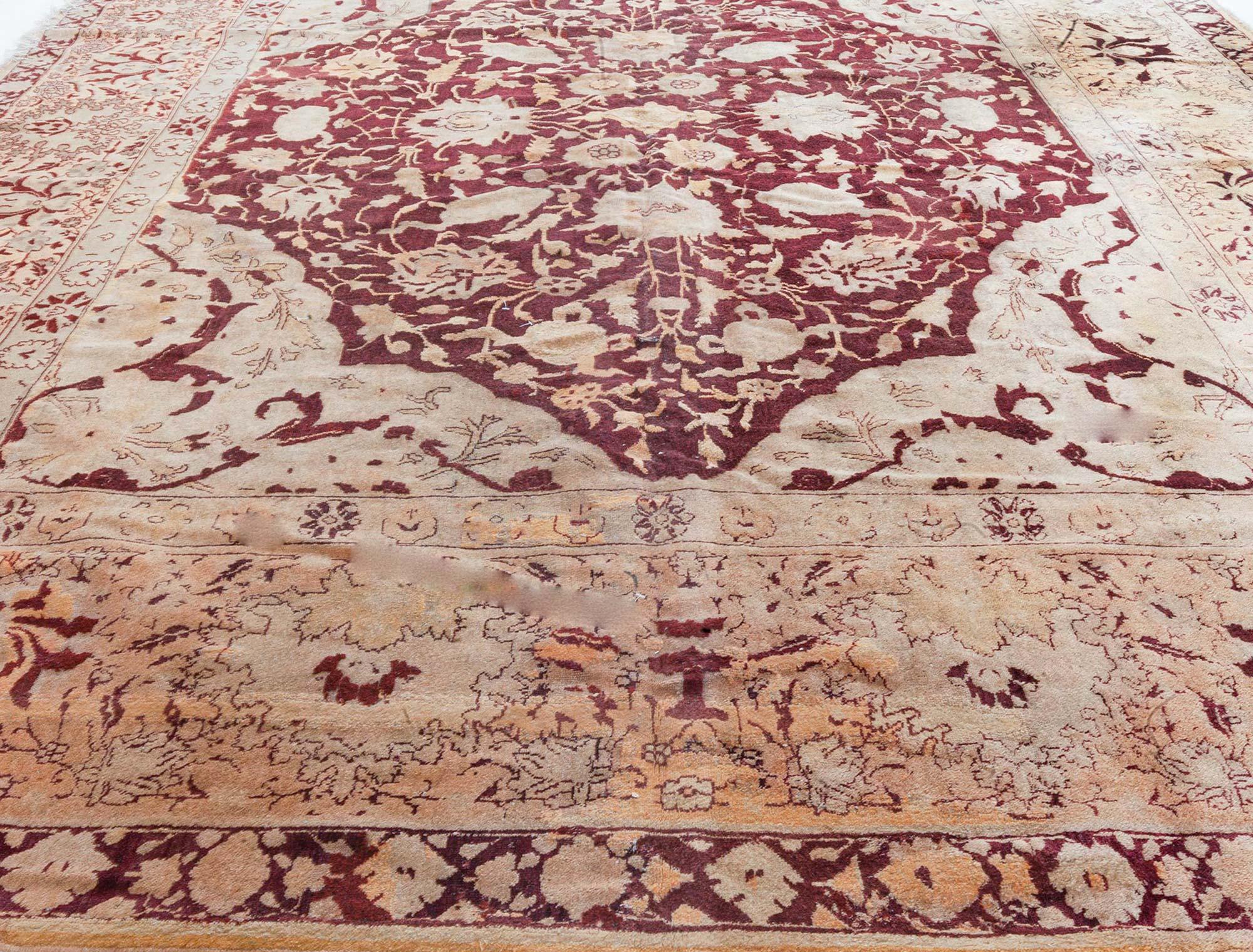 Antique Indian Amritsar Red and Beige Wool Carpet 3