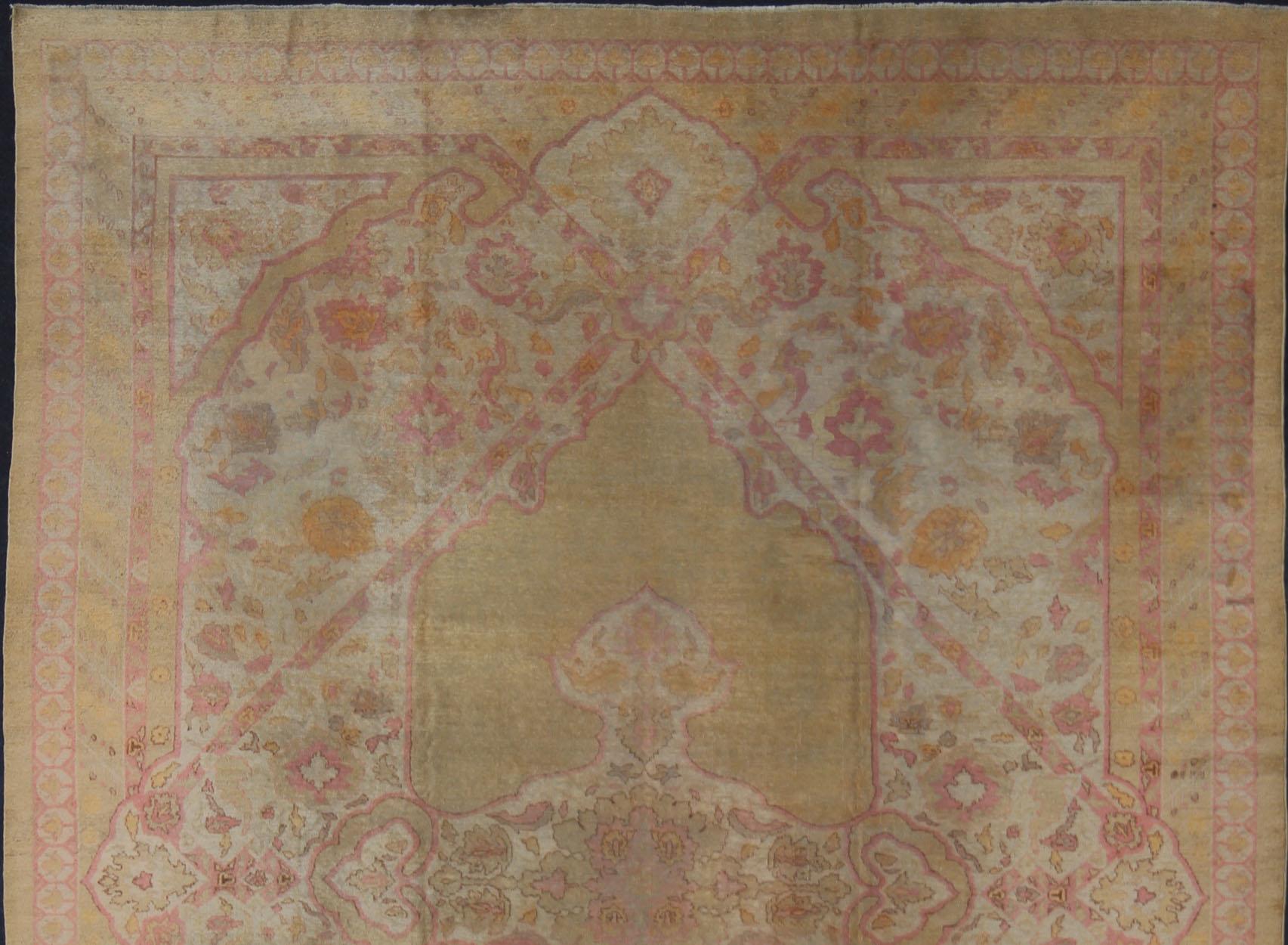 Indian Antique Amritsar Rug With Medallion Design in Acidic-Yellow Green, Pink, Ivory For Sale