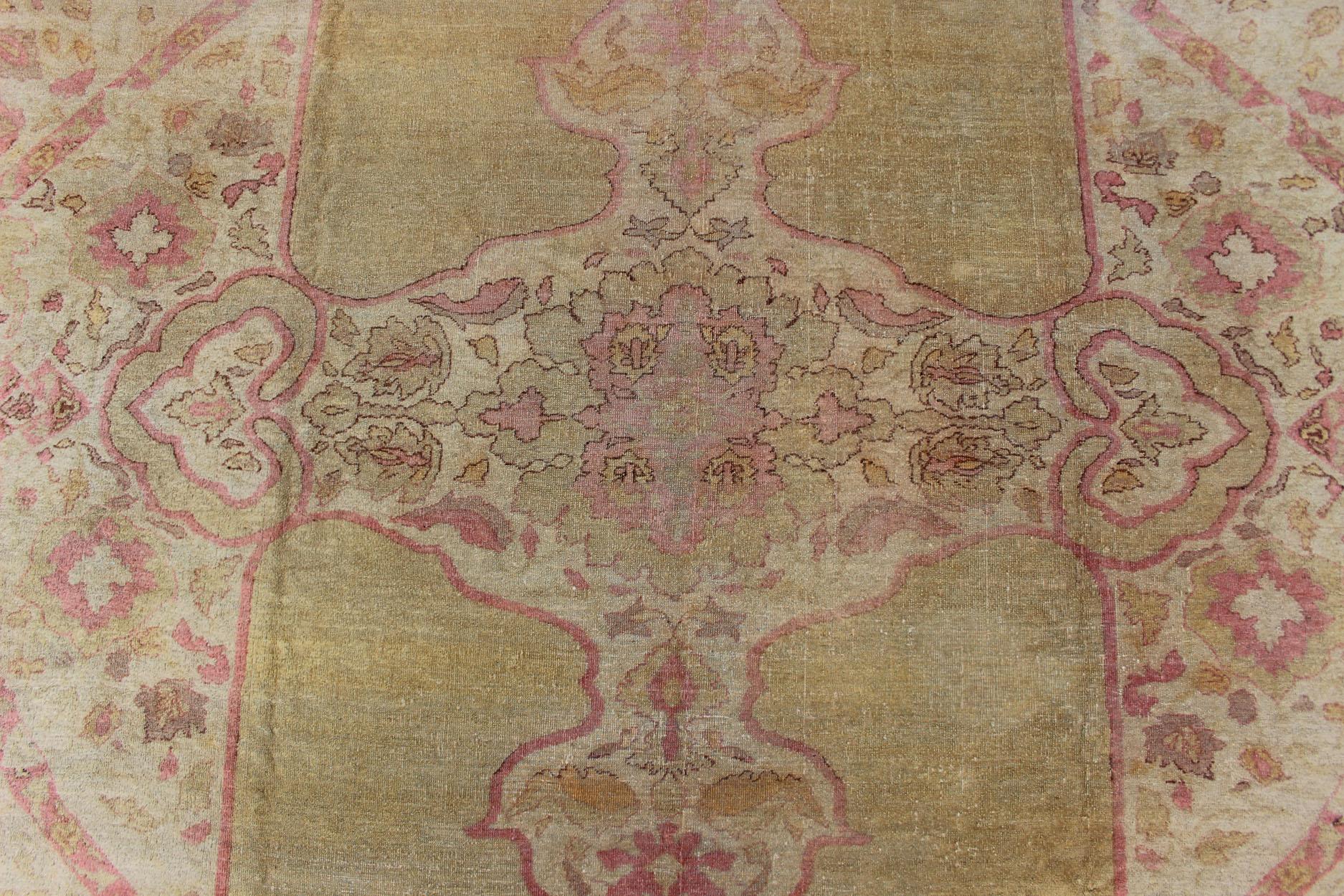 Antique Amritsar Rug With Medallion Design in Acidic-Yellow Green, Pink, Ivory For Sale 1