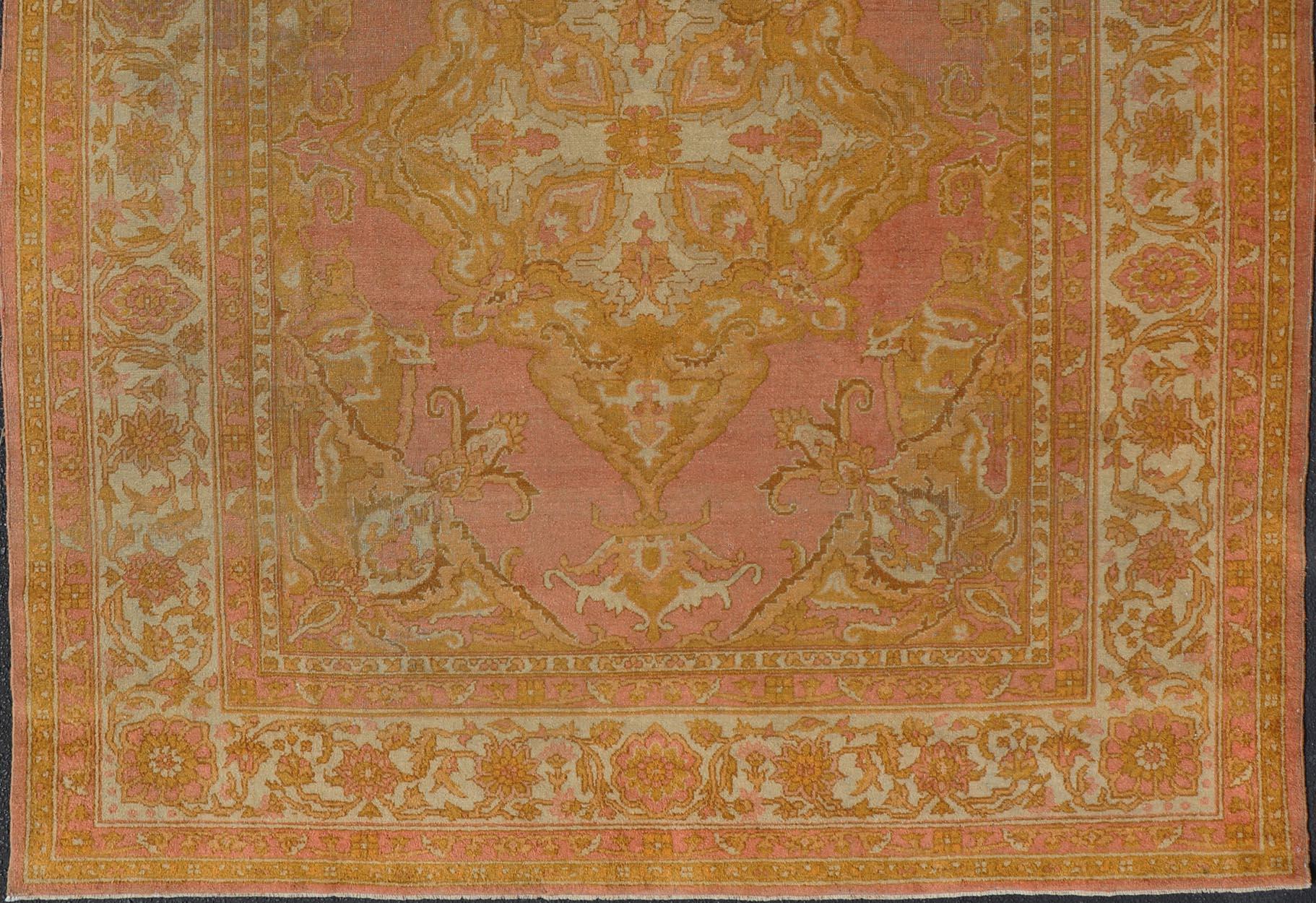 Antique Indian Amritsar Rug in Acidic Yellow, Pink and Ivory With Medallion For Sale 5