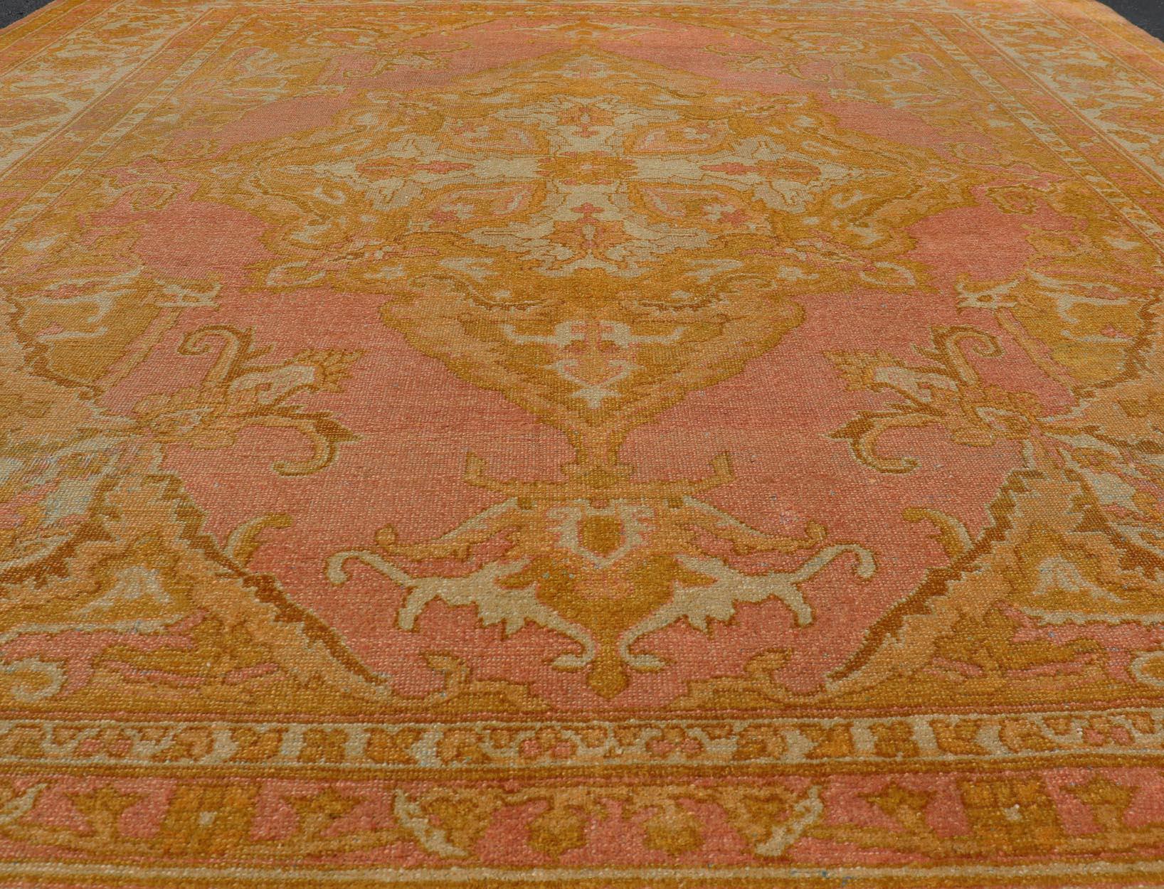Agra Antique Indian Amritsar Rug in Acidic Yellow, Pink and Ivory With Medallion For Sale