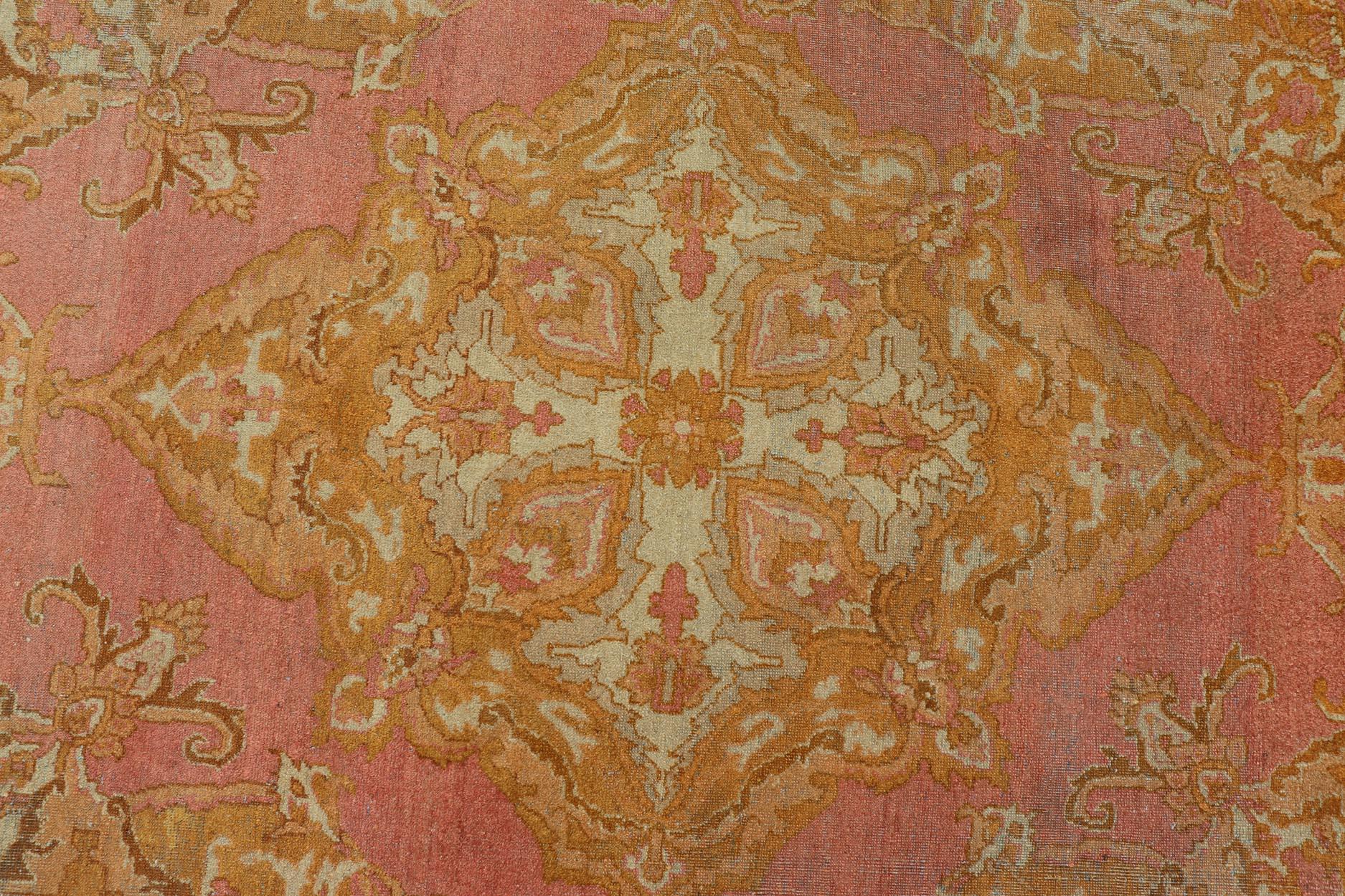 Hand-Knotted Antique Indian Amritsar Rug in Acidic Yellow, Pink and Ivory With Medallion For Sale