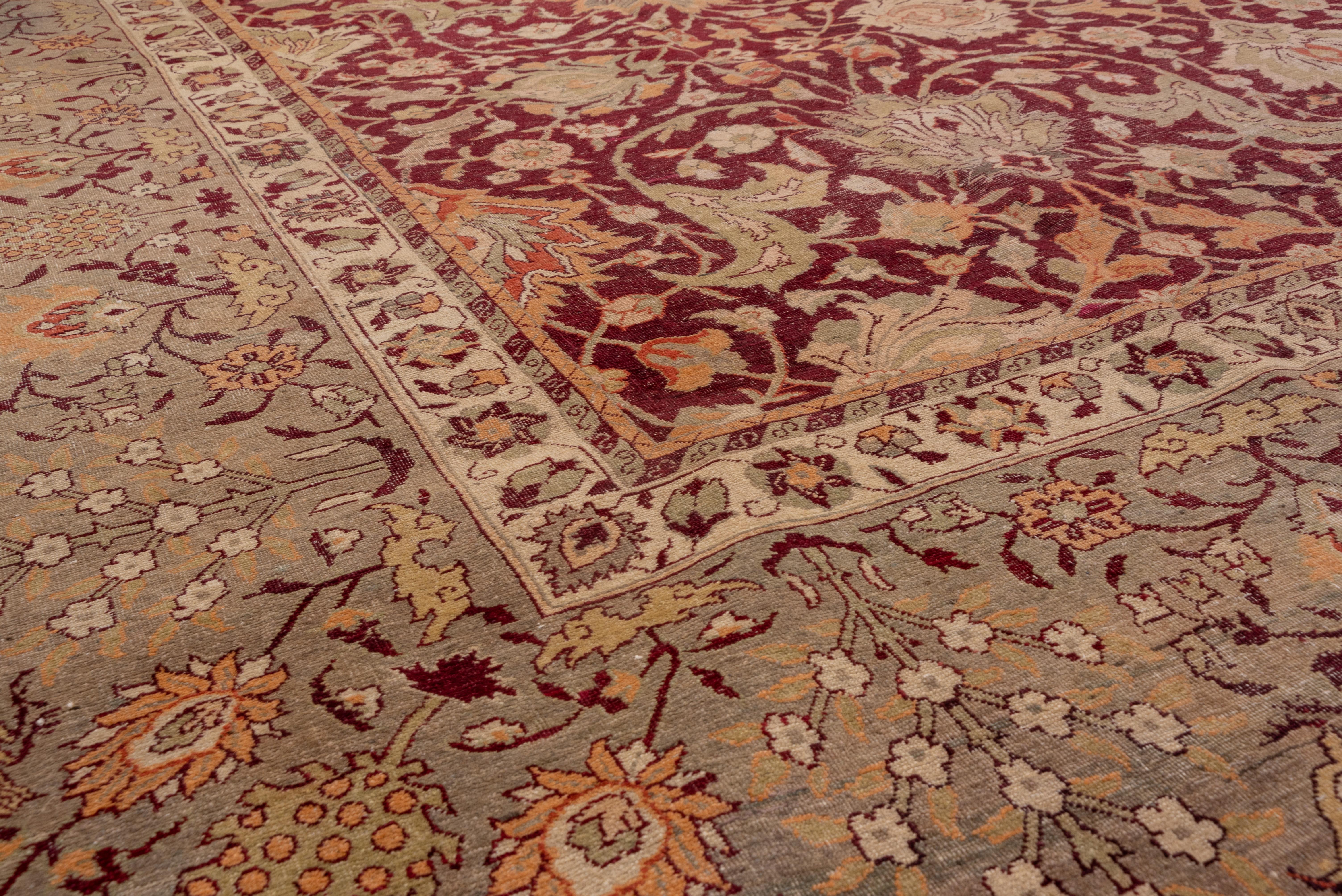 Tribal Antique Indian Amritzar Carpet, Burgundy Allover Field, Gray Borders For Sale