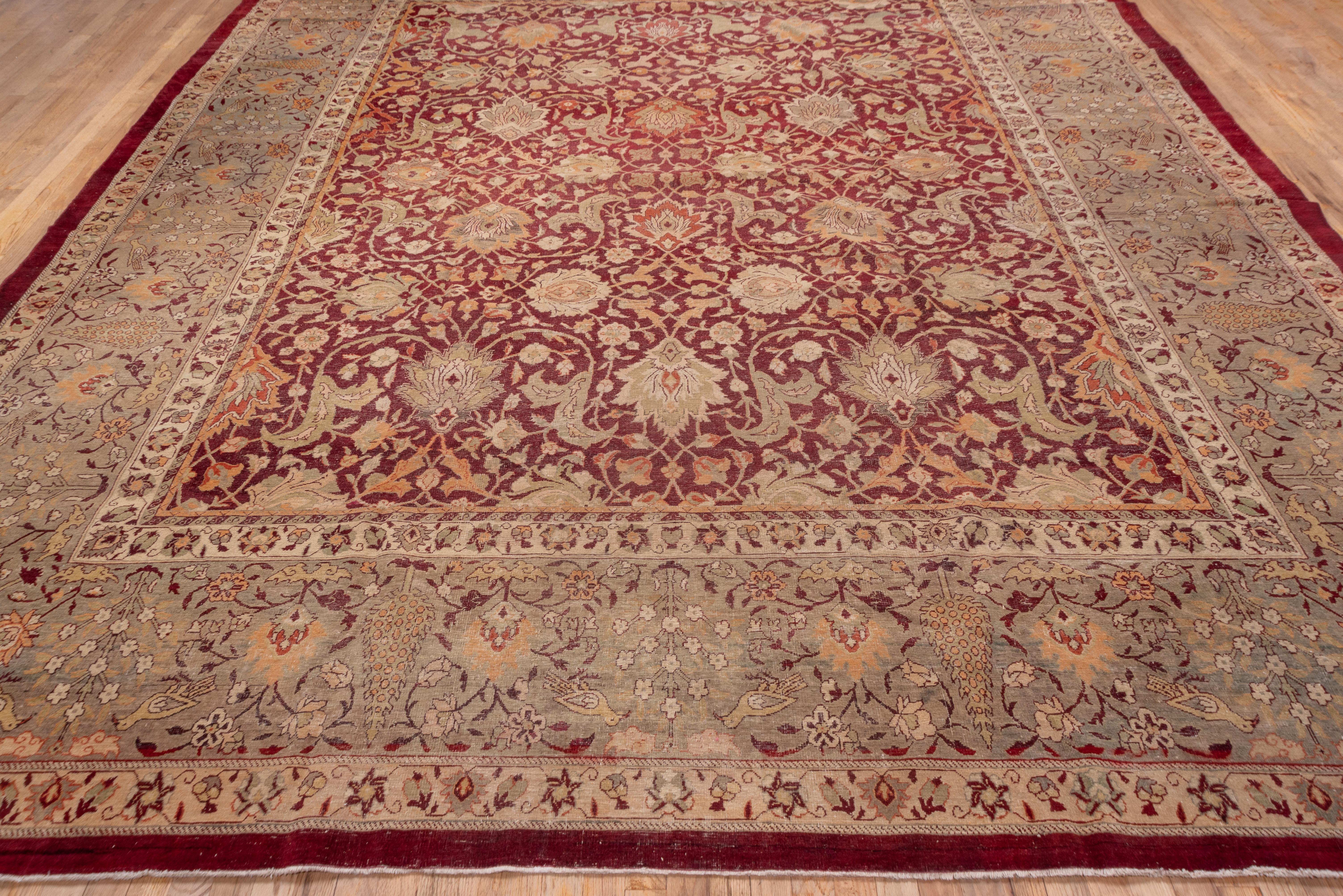 Hand-Knotted Antique Indian Amritzar Carpet, Burgundy Allover Field, Gray Borders For Sale