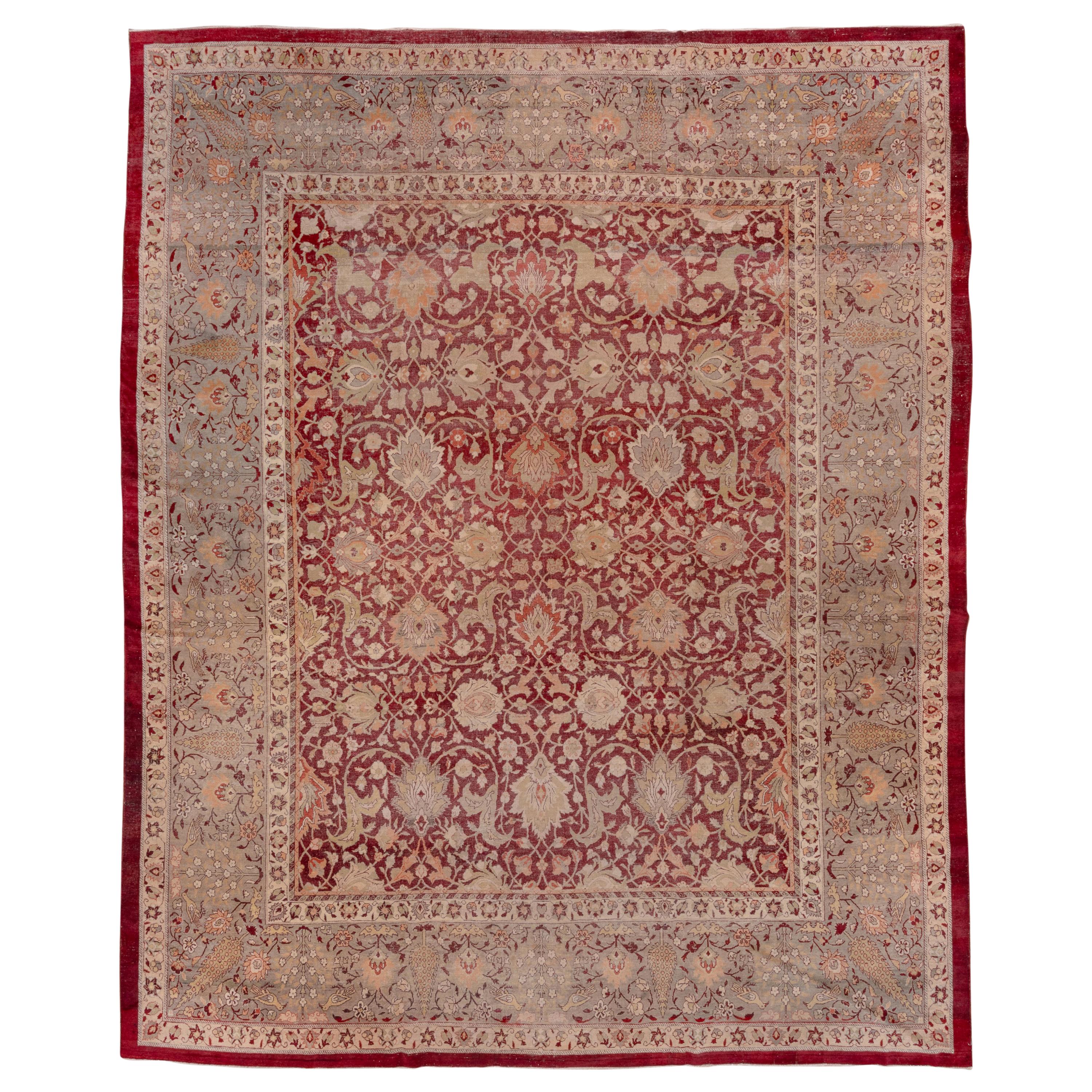 Antique Indian Amritzar Carpet, Burgundy Allover Field, Gray Borders