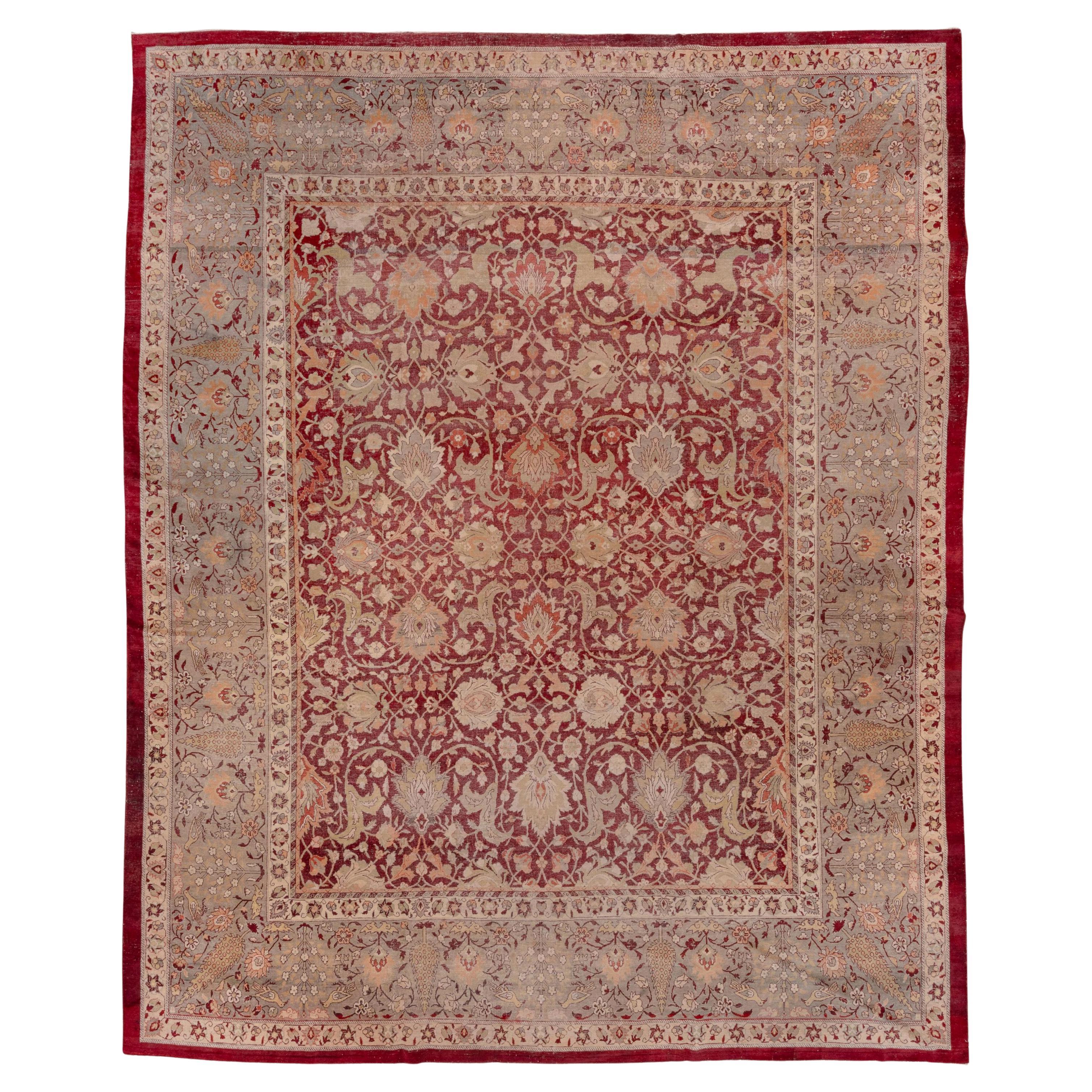 Antiker indischer Amritzar-Teppich, burgunderroter Allover-Fuß, graue Bordüren