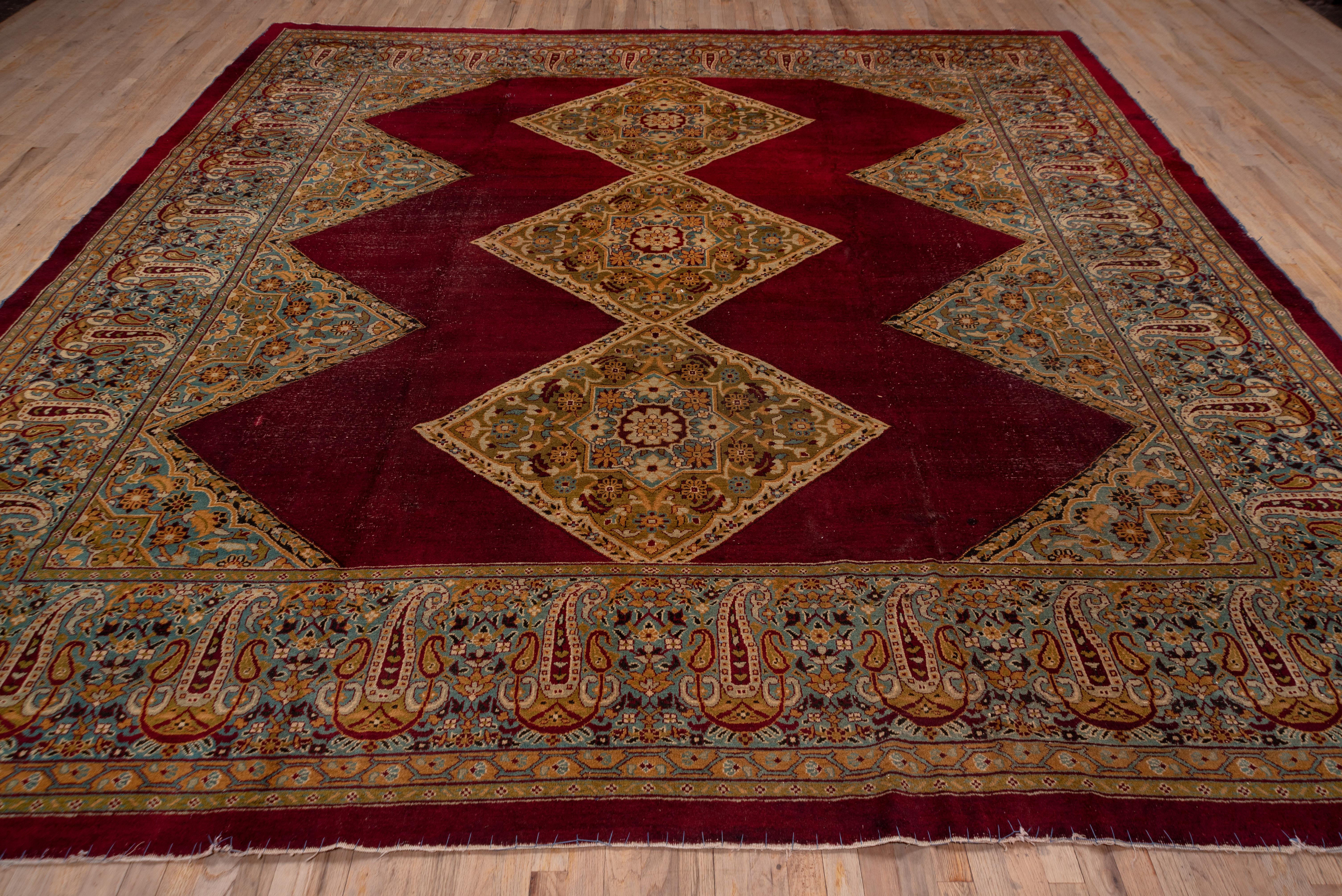 Hand-Knotted Antique Indian Amritzar Square Carpet, Burgundy Field, Multicolored Borders For Sale