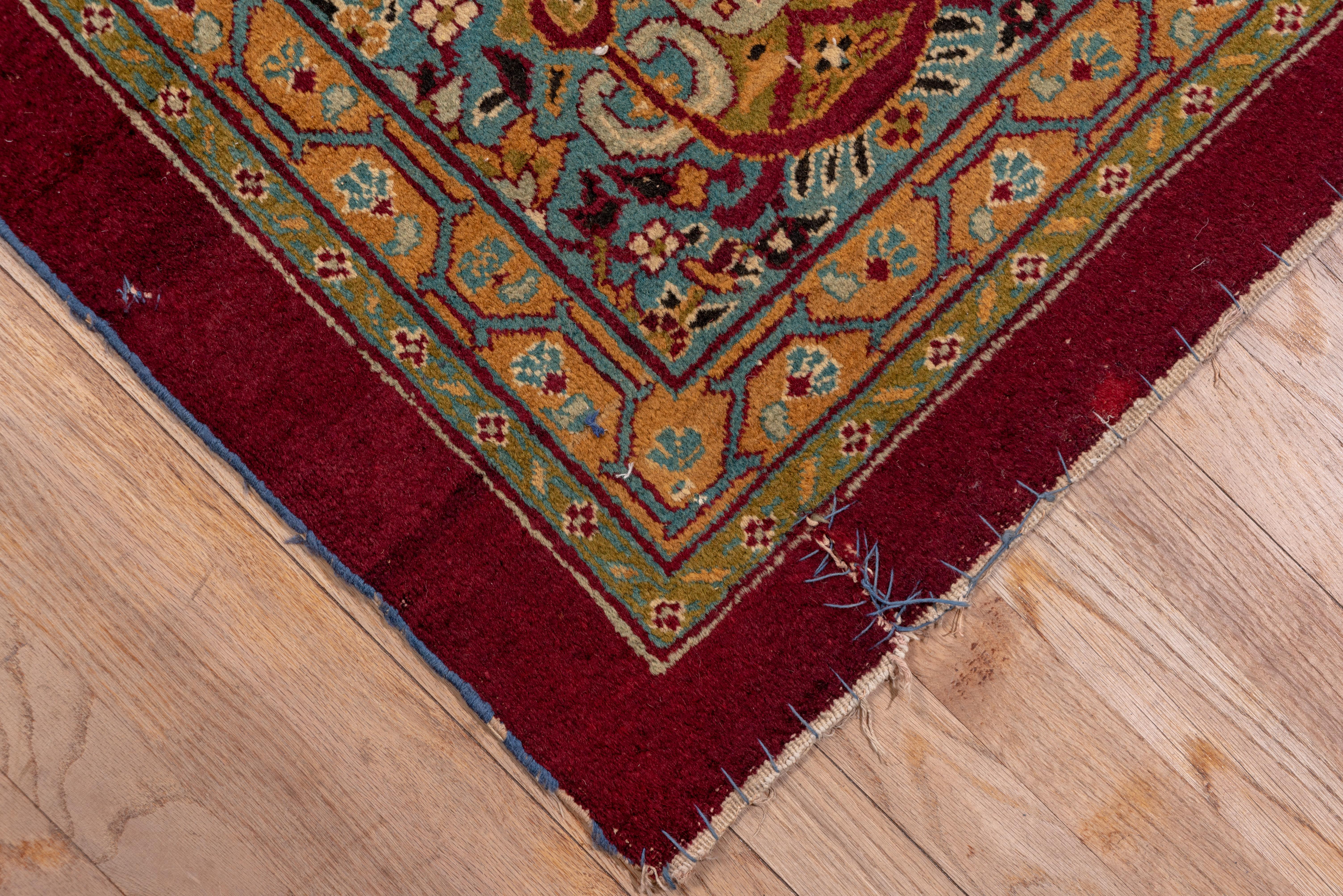 Antique Indian Amritzar Square Carpet, Burgundy Field, Multicolored Borders In Good Condition For Sale In New York, NY