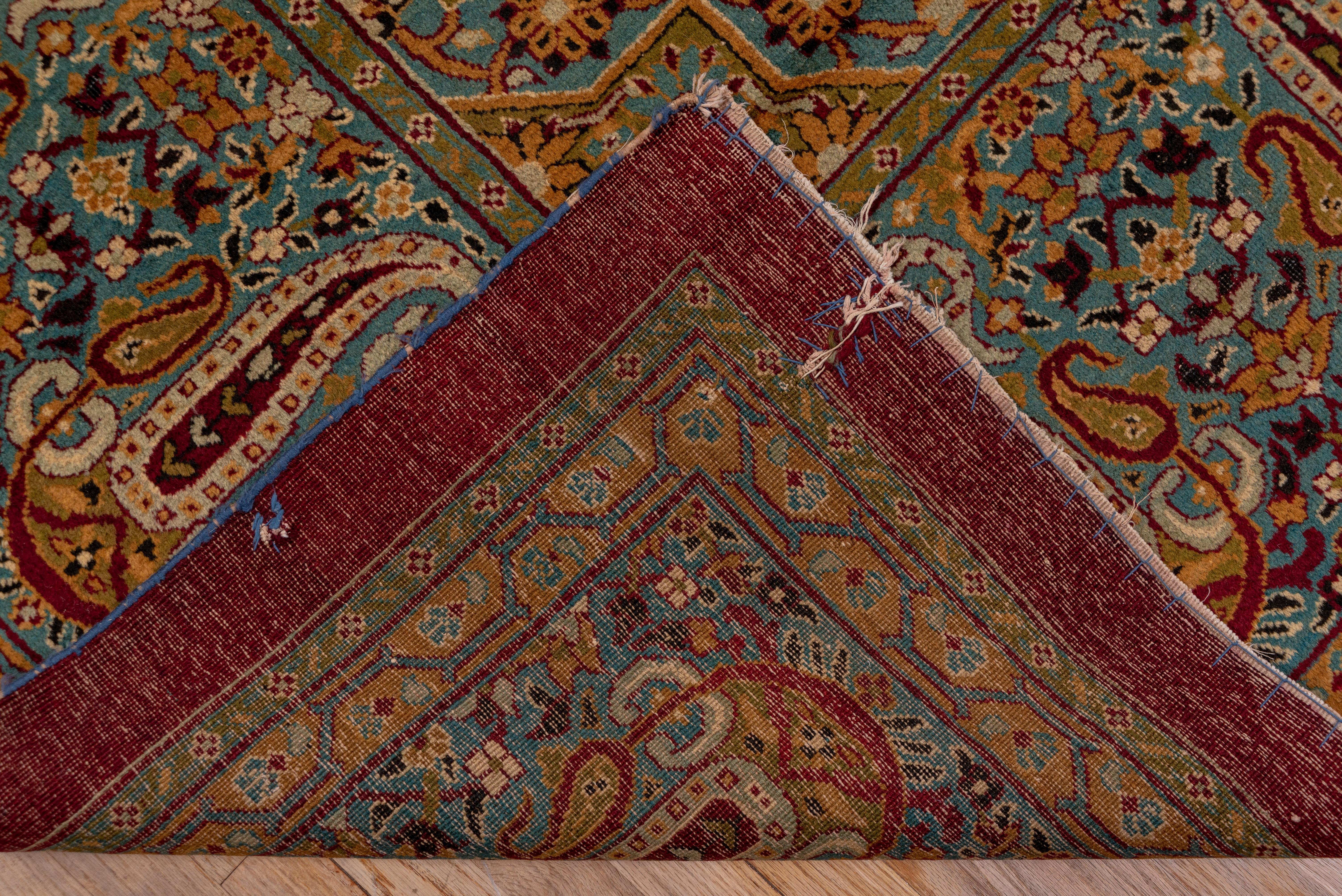 Early 20th Century Antique Indian Amritzar Square Carpet, Burgundy Field, Multicolored Borders For Sale