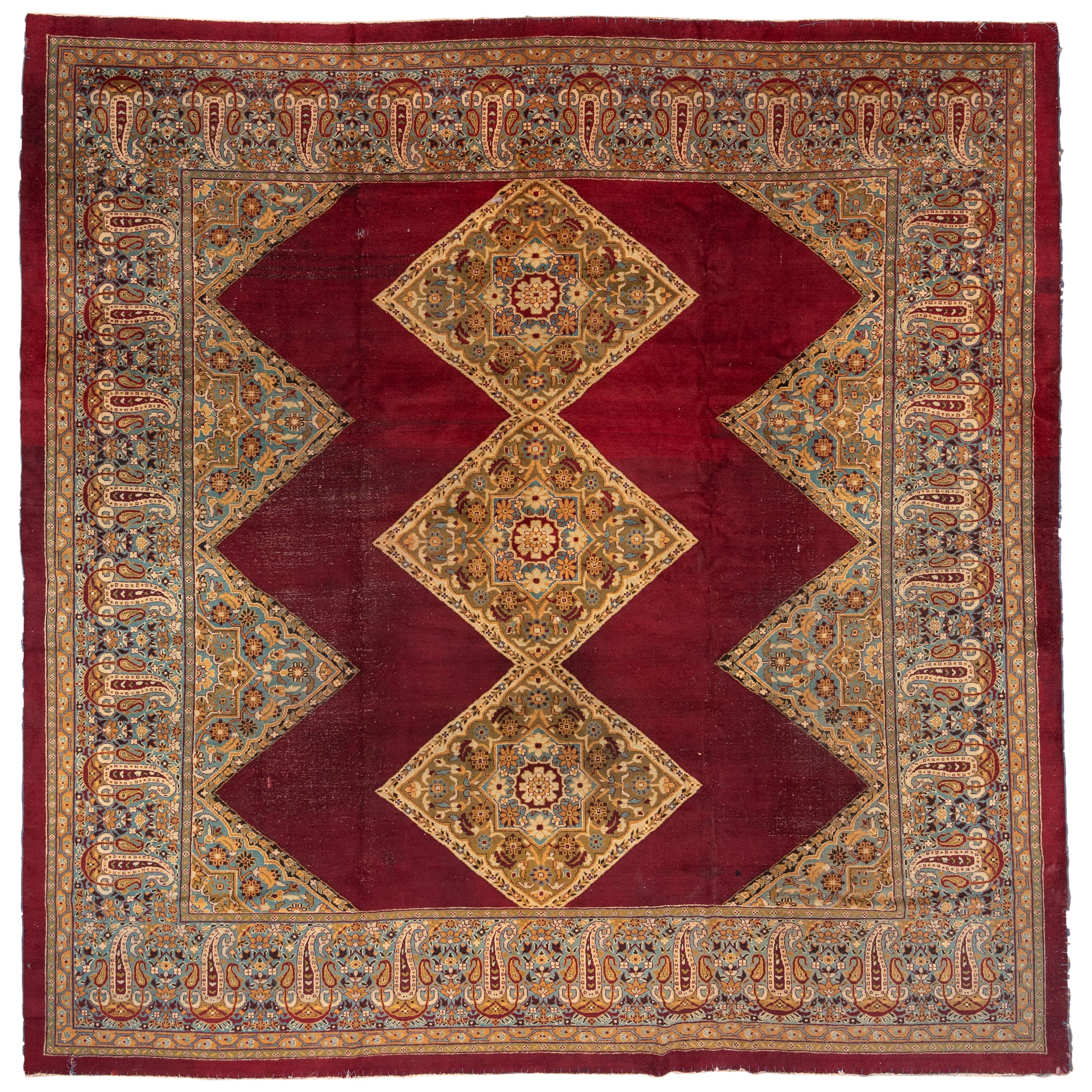 Antique Indian Amritzar Square Carpet, Burgundy Field, Multicolored Borders