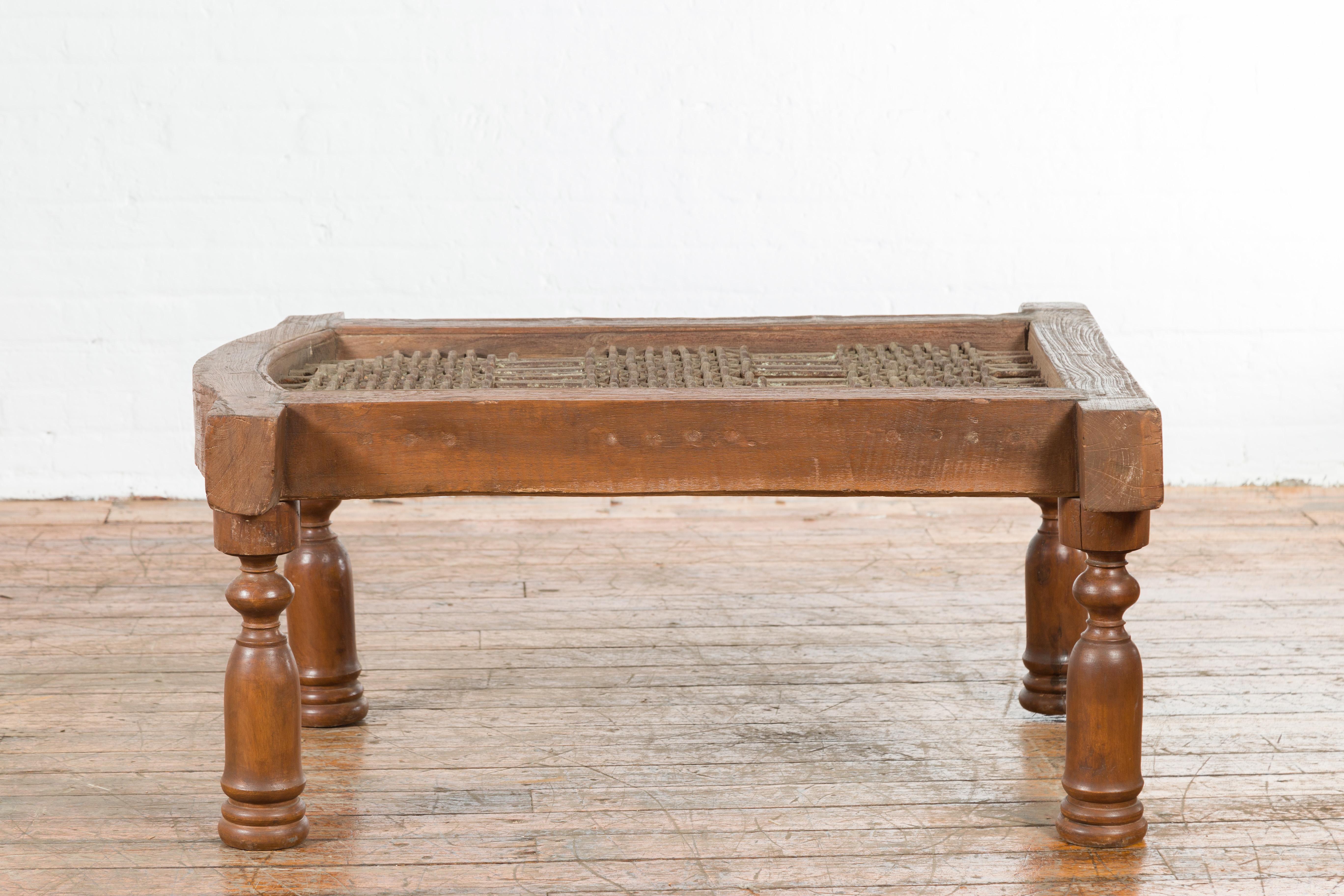 Antique Indian Arched Window Grate Made into a Coffee Table with Baluster Legs For Sale 3