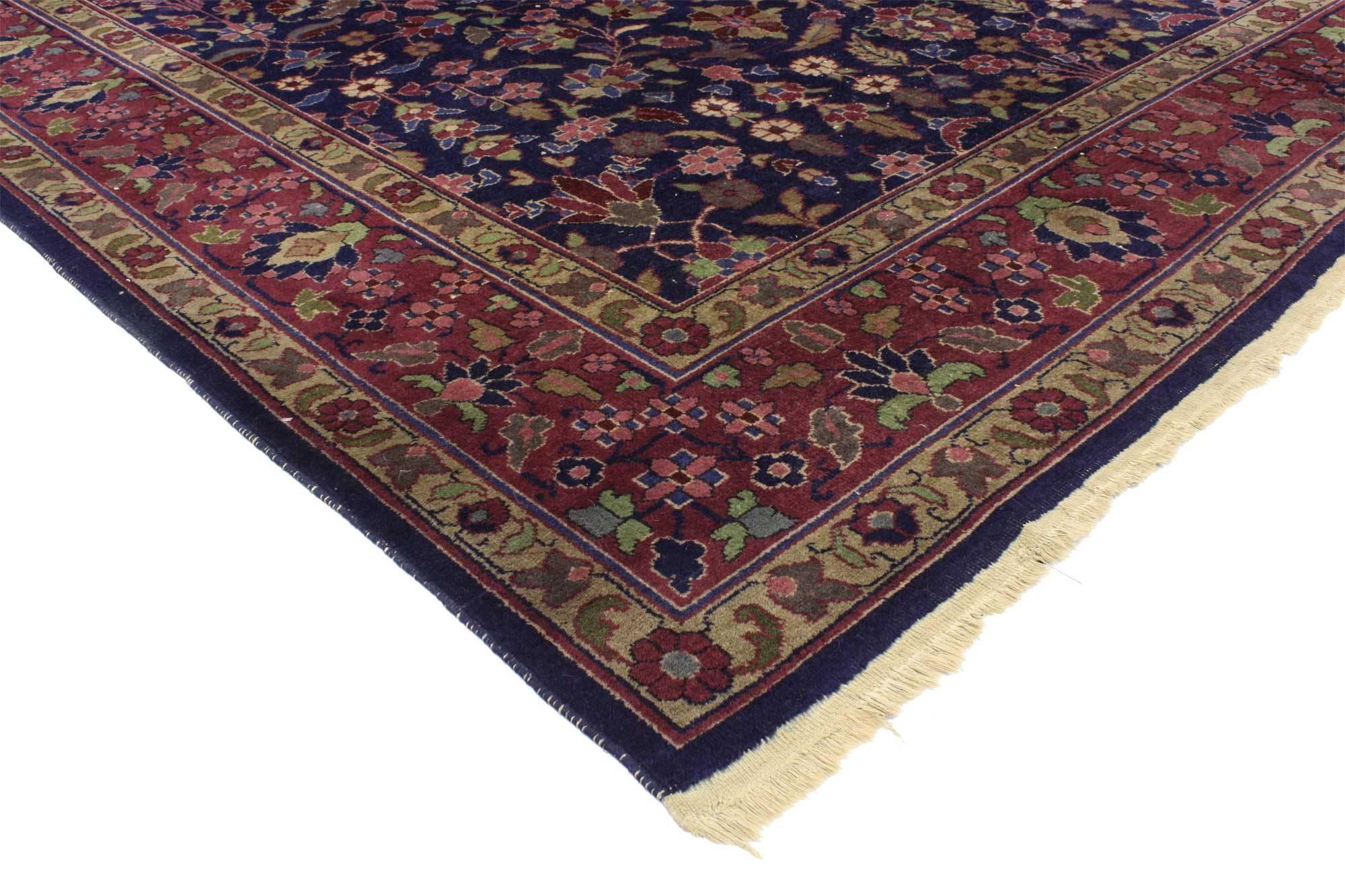 76739, antique Indian Area rug with Modern Victorian style. Rich in color, texture and beguiling ambiance, this antique Indian rug features a lavish floral pattern composed of rosettes, lilies, palmettes, cypress trees, star flowers, hyacinths,