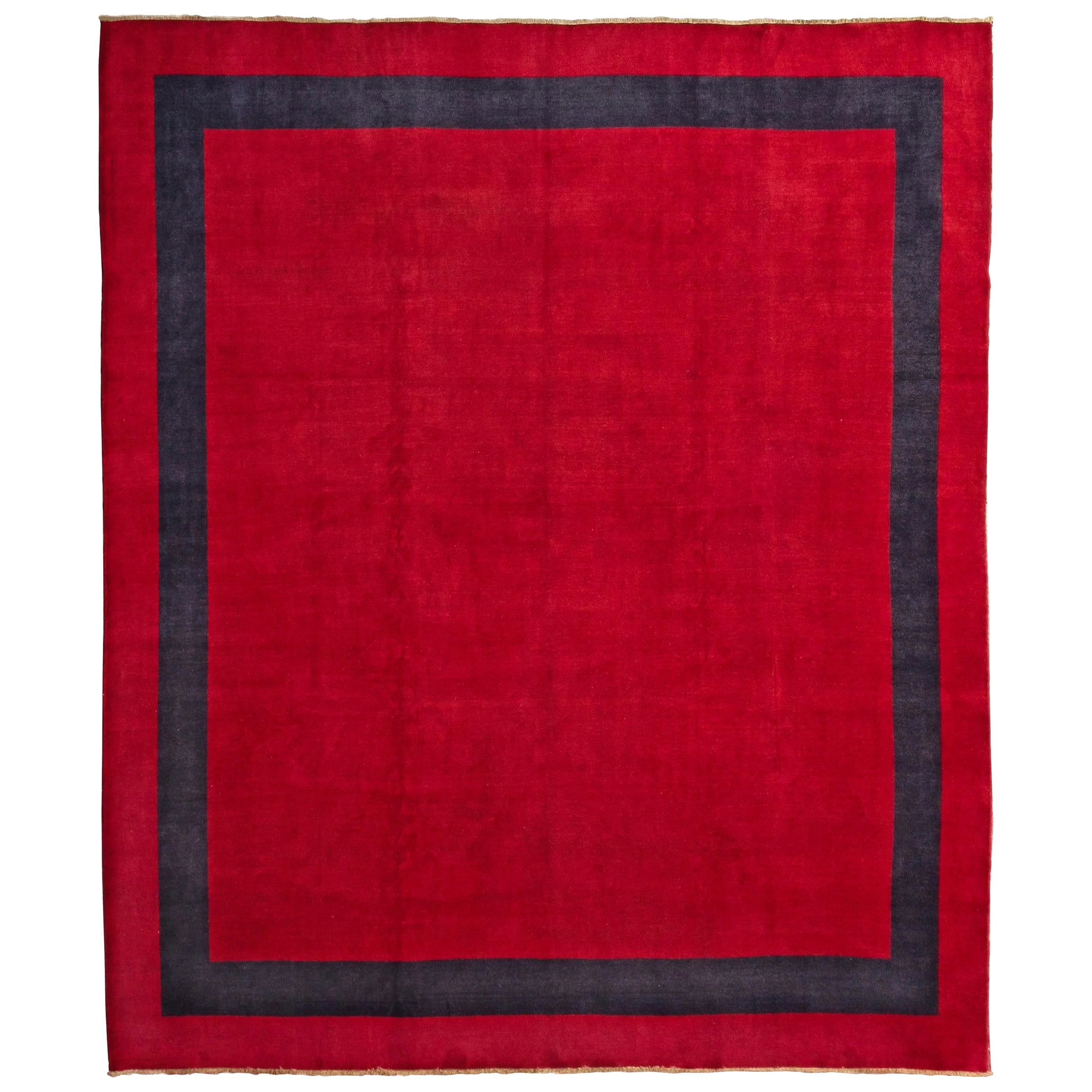 Antique Indian Art Deco Minimalist Rug with Red Open Field and Blue Border