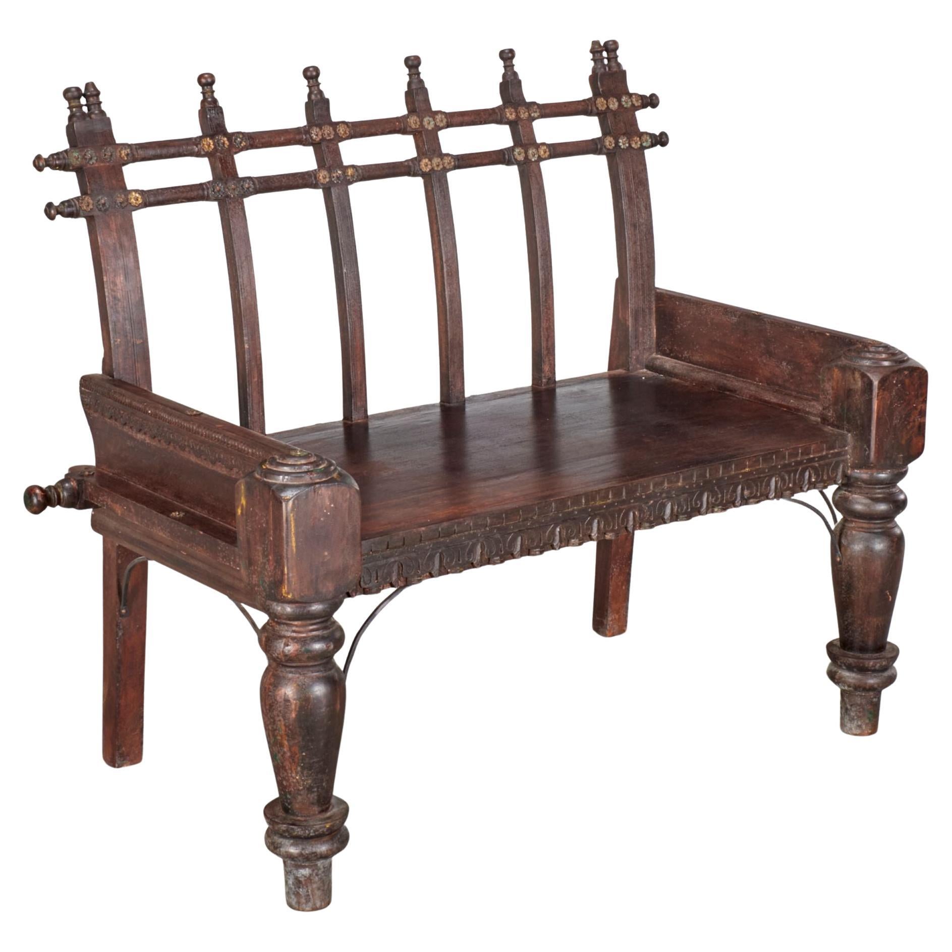 Antique Indian Bench, Carved Wood with Spindle Back, Late 19th Century