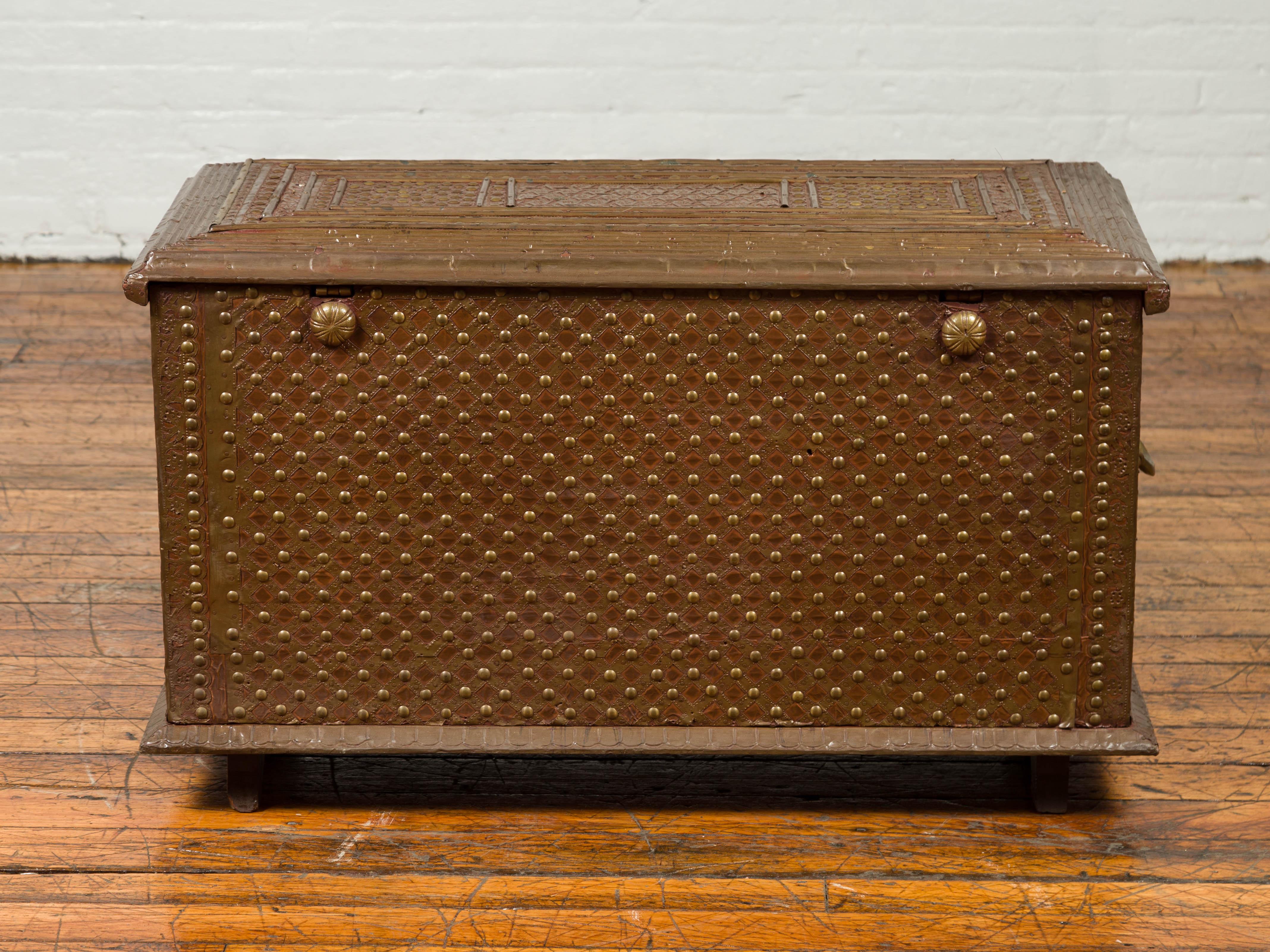 Antique Indian Blanket Chest with Bronze Sheathing, Geometric Patterns and Studs For Sale 13