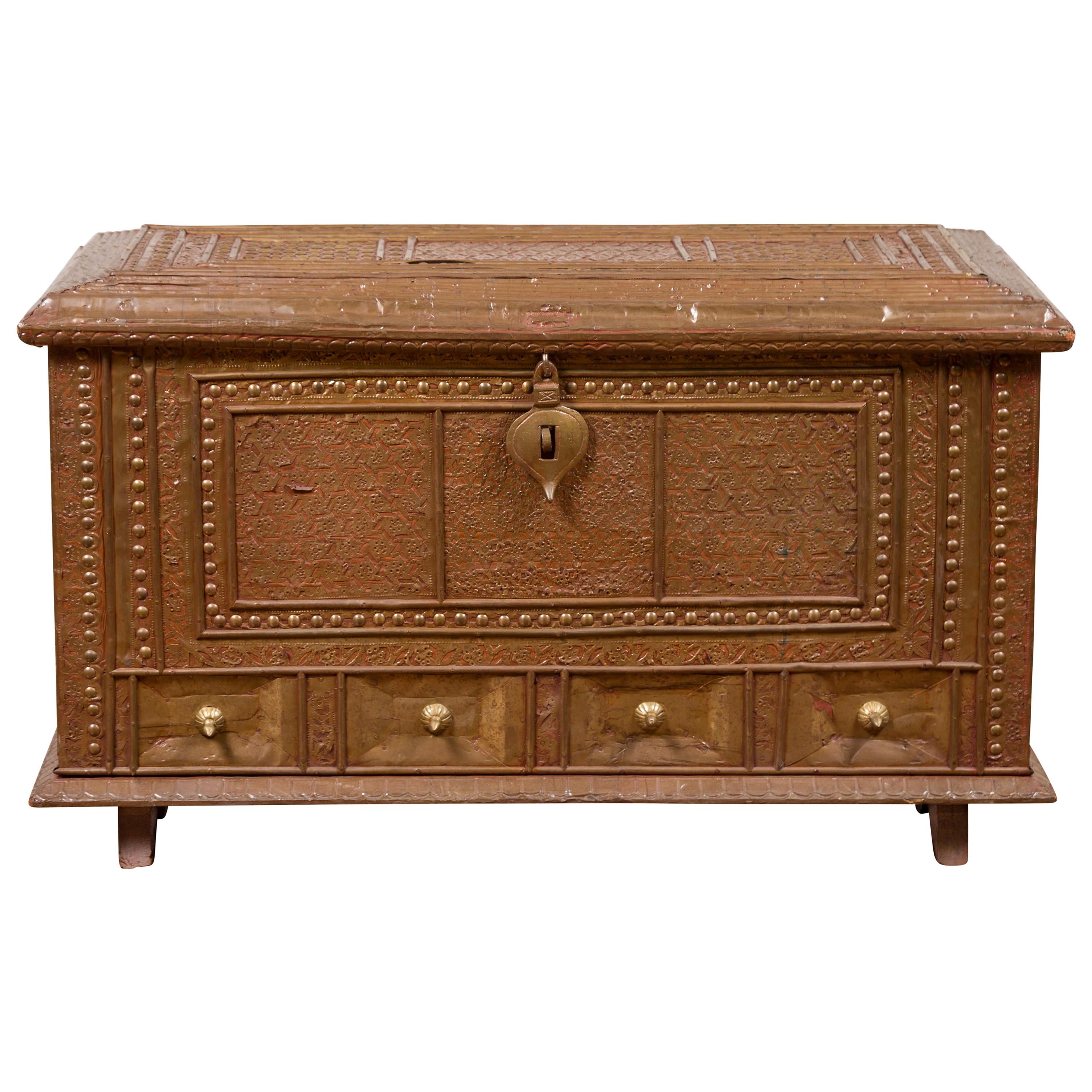Antique Indian Blanket Chest with Bronze Sheathing, Geometric Patterns and Studs For Sale