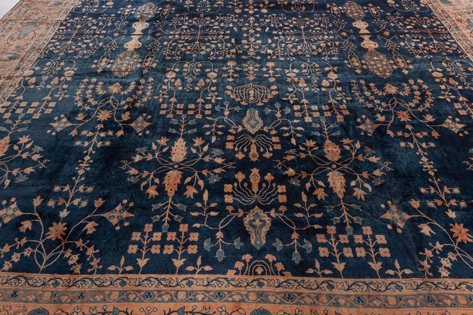 Antique Indian Botanic Navy Blue Handmade Wool Rug In Good Condition For Sale In New York, NY