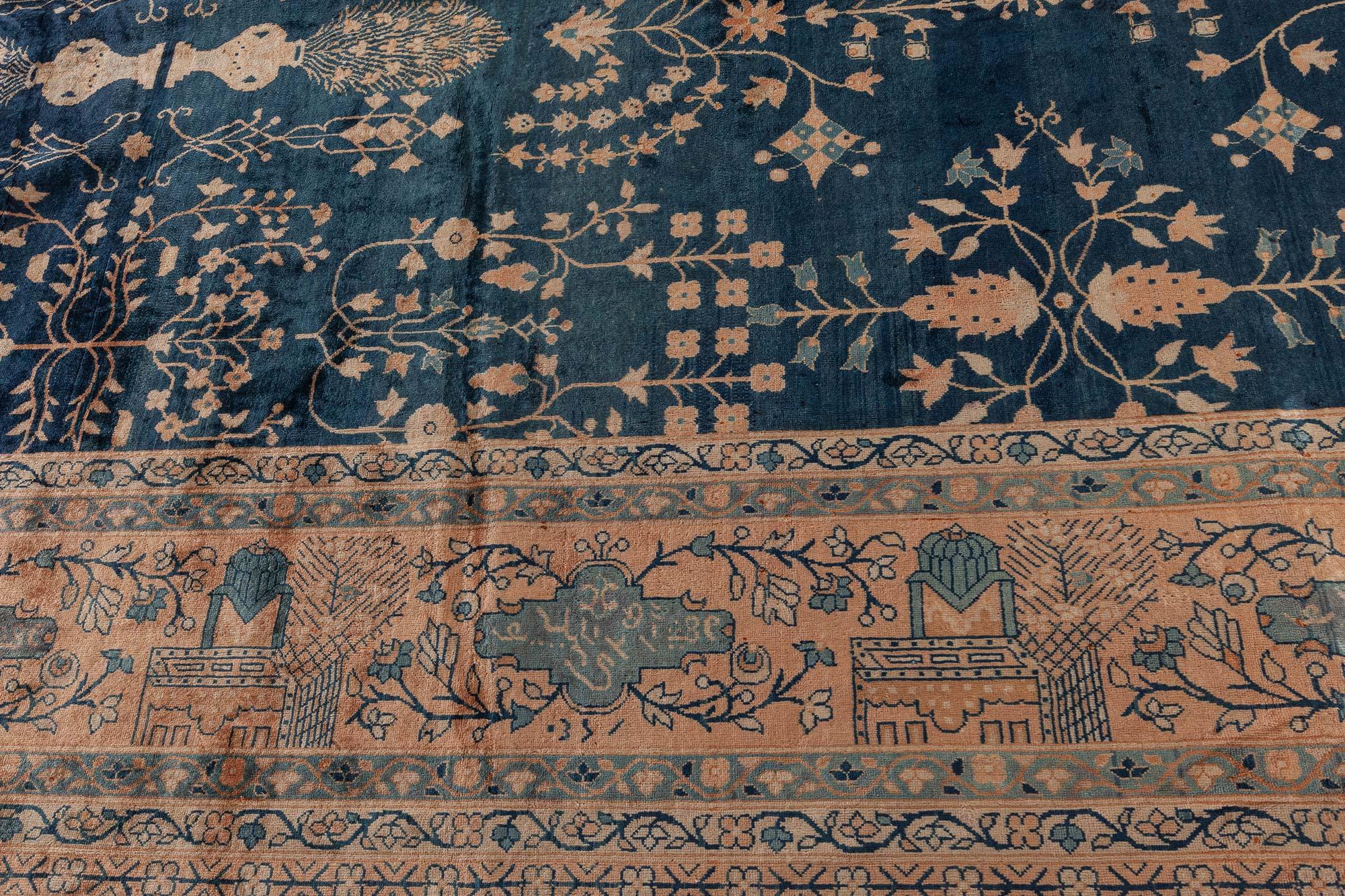 20th Century Antique Indian Botanic Navy Blue Handmade Wool Rug For Sale