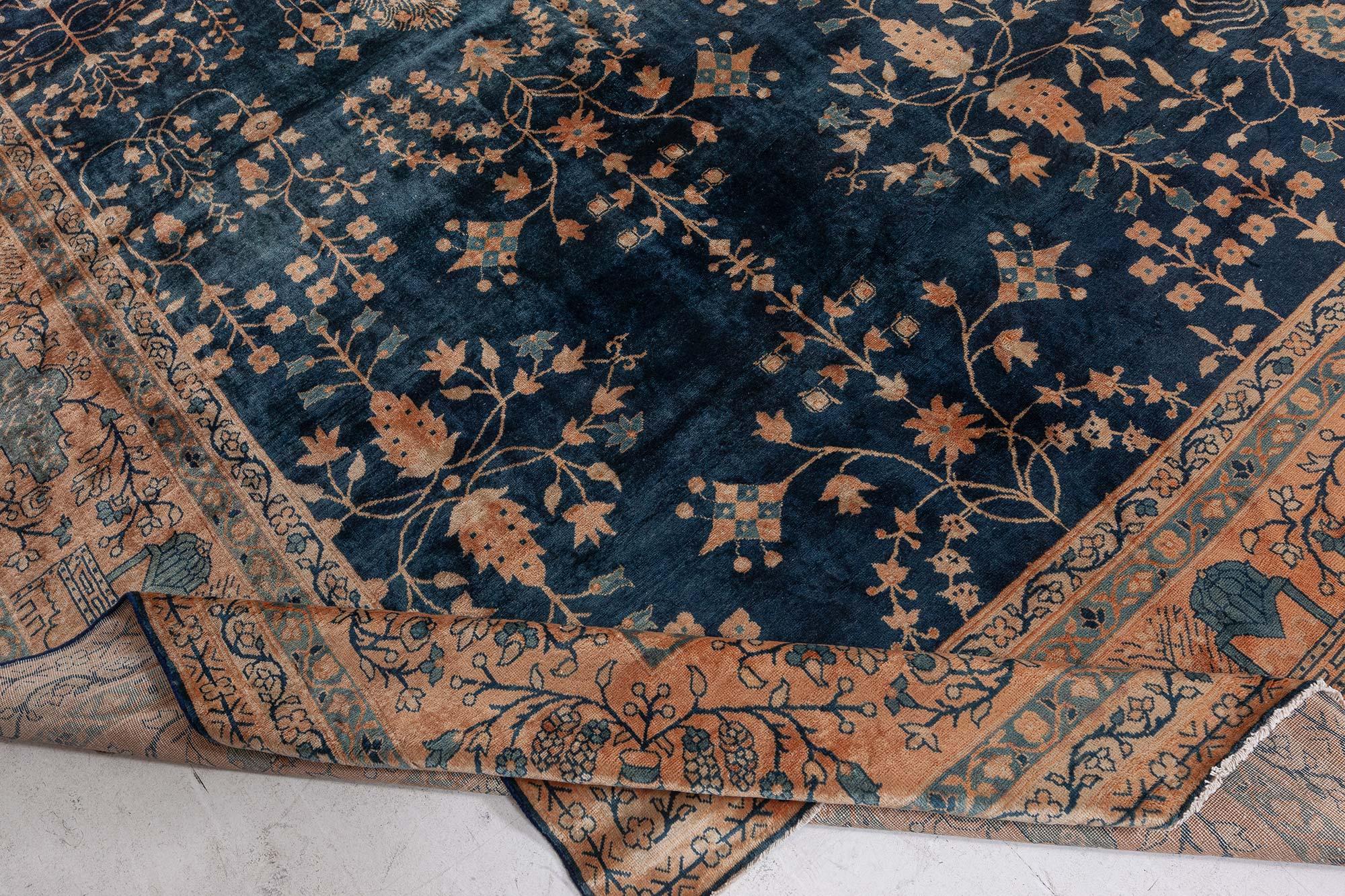 Antique Indian Botanic Navy Blue Handmade Wool Rug For Sale 3