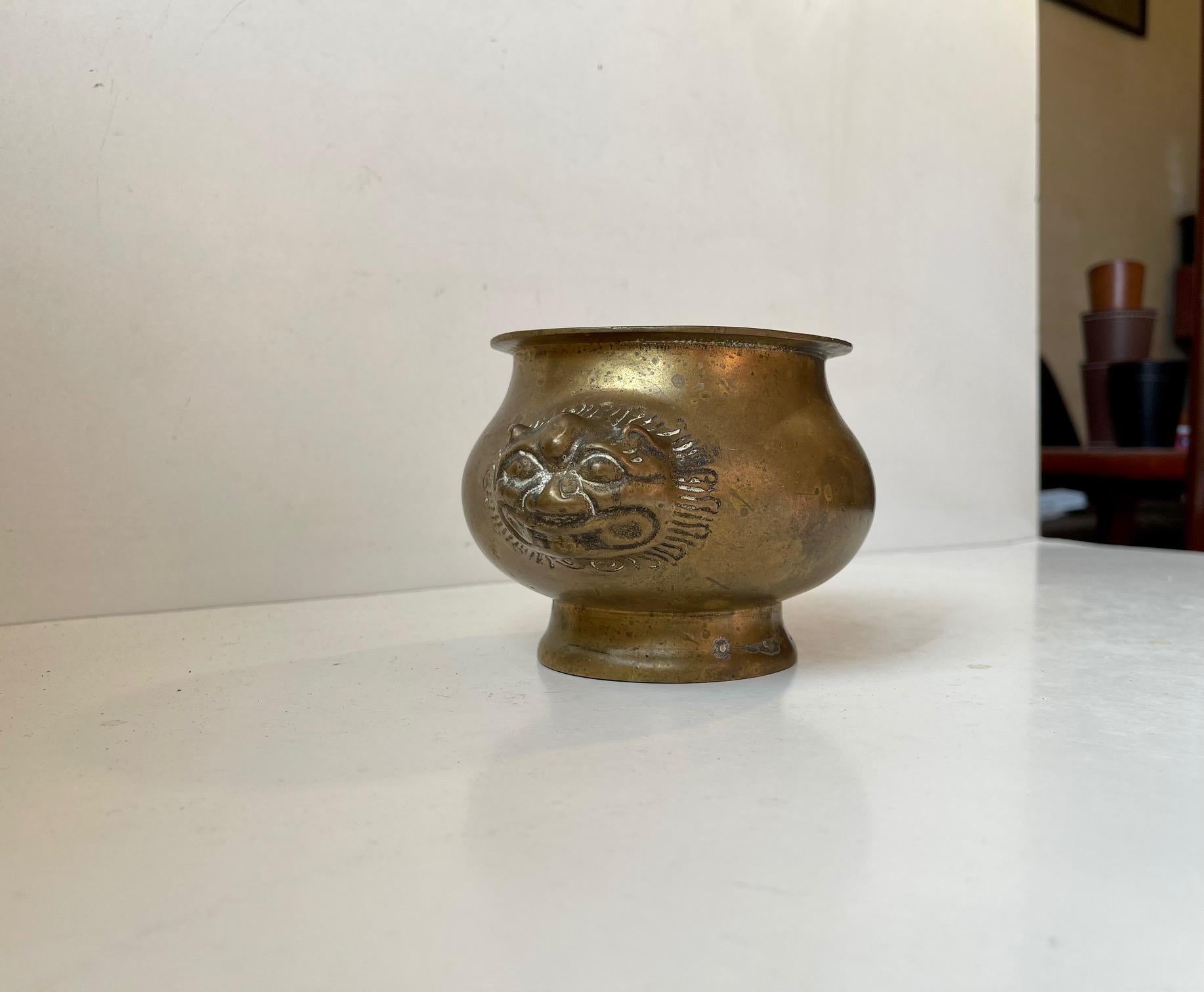 Cast Antique Indian Brass Lota or Jardiniere with Lion Heads