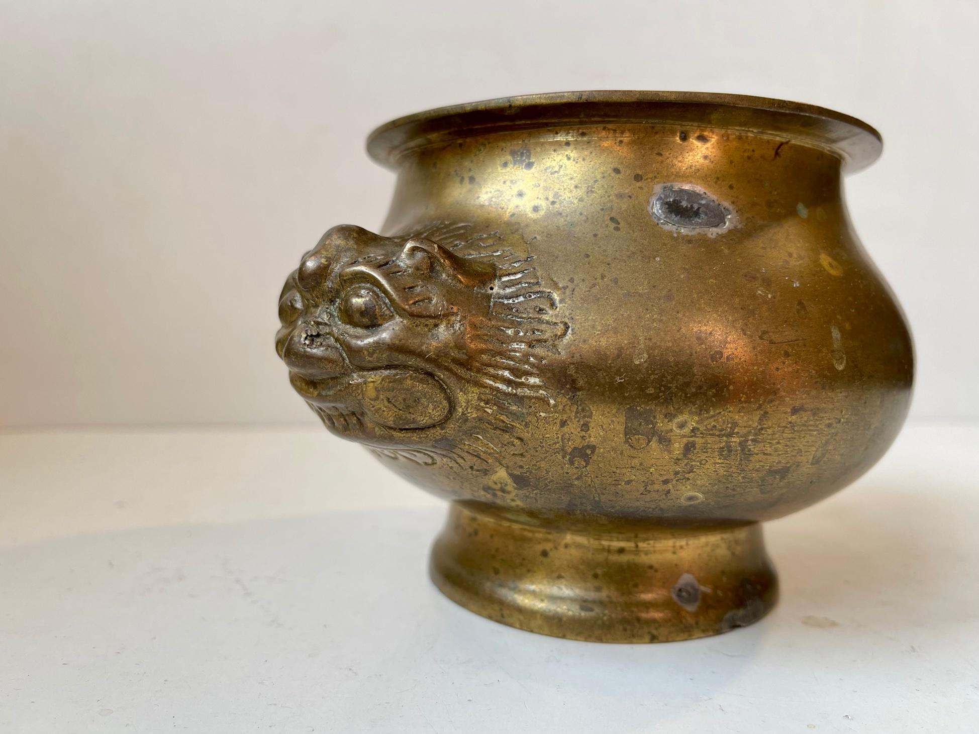 19th Century Antique Indian Brass Lota or Jardiniere with Lion Heads