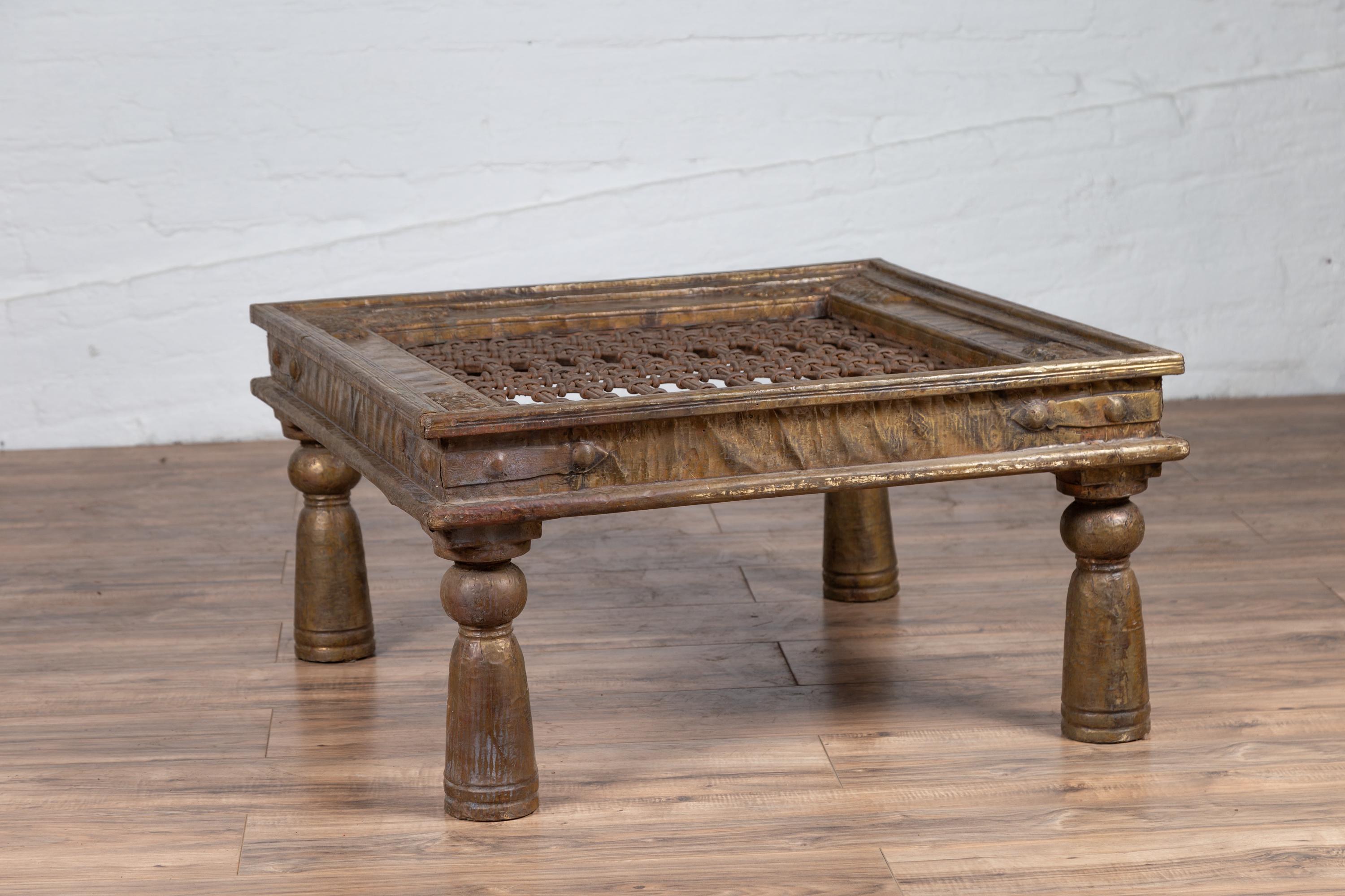 Antique Indian Brass Window Grate Coffee Table with Iron Geometric Design For Sale 3