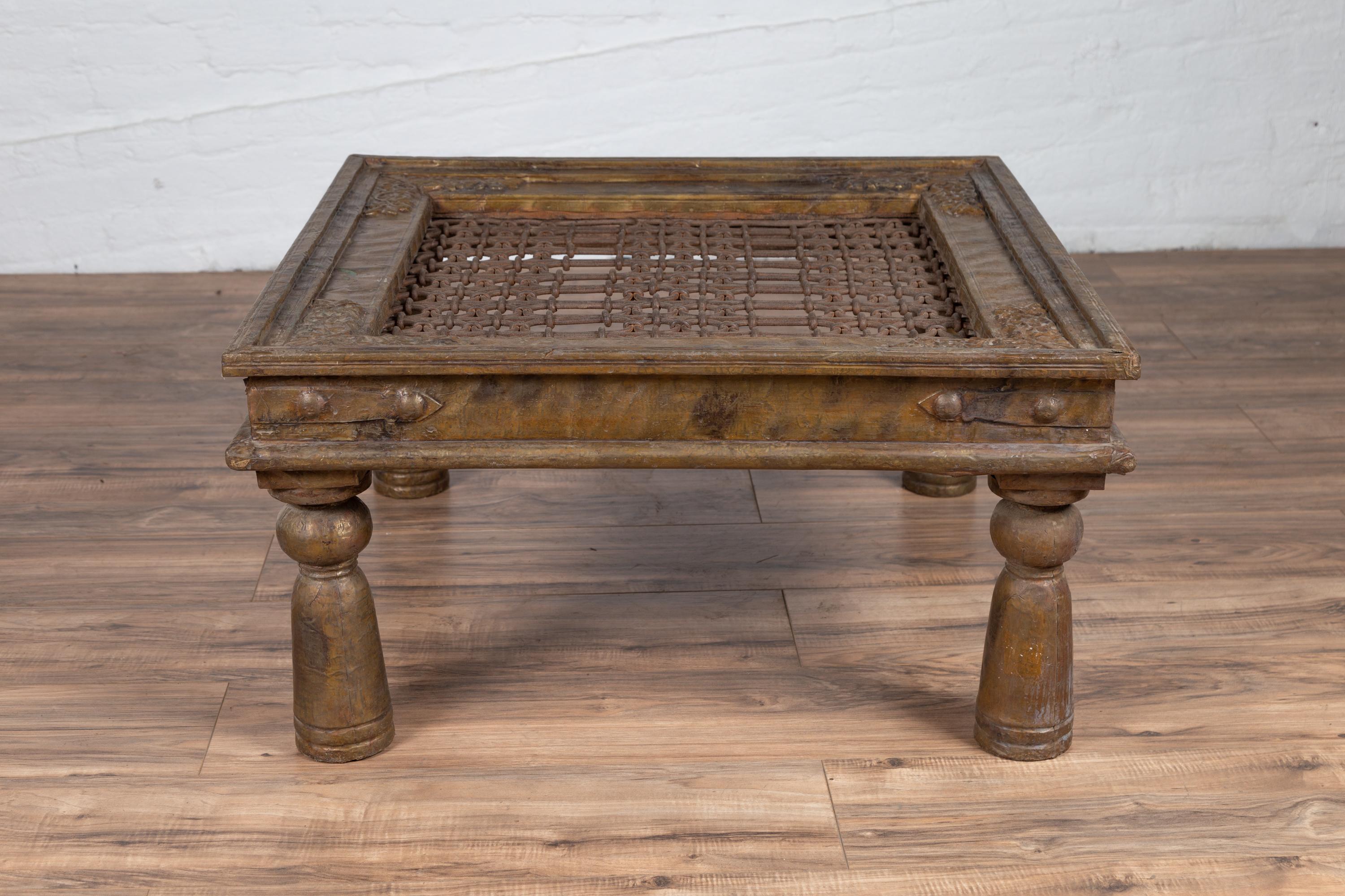 Antique Indian Brass Window Grate Coffee Table with Iron Geometric Design For Sale 4