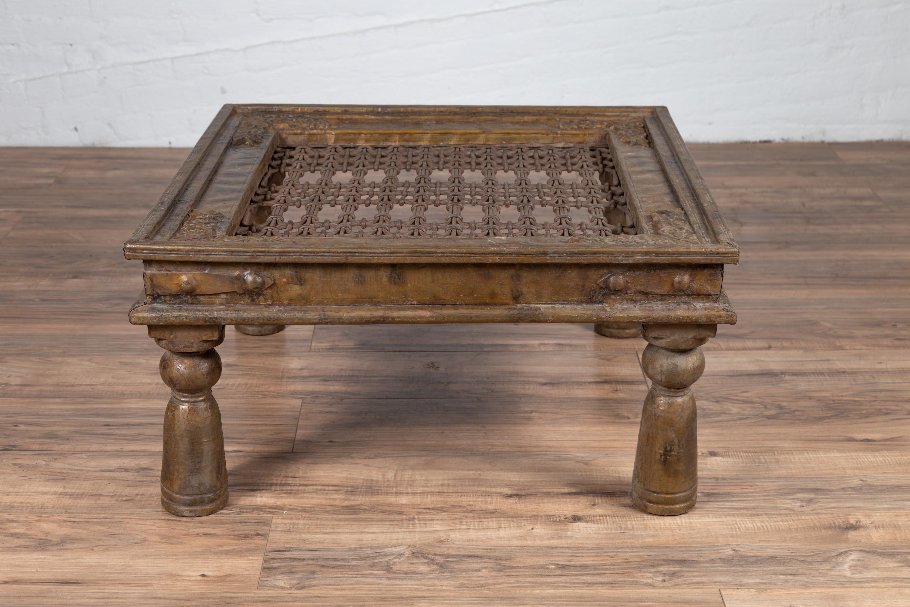 Antique Indian Brass Window Grate Coffee Table with Iron Geometric Design For Sale 5