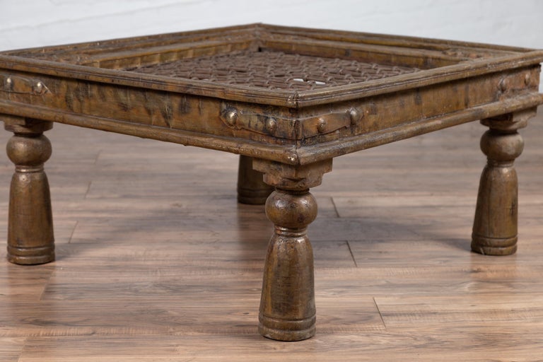 Antique Indian Brass Window Grate Coffee Table with Iron Geometric Design For Sale 10