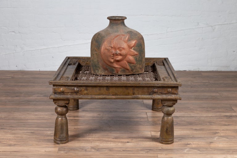 20th Century Antique Indian Brass Window Grate Coffee Table with Iron Geometric Design For Sale