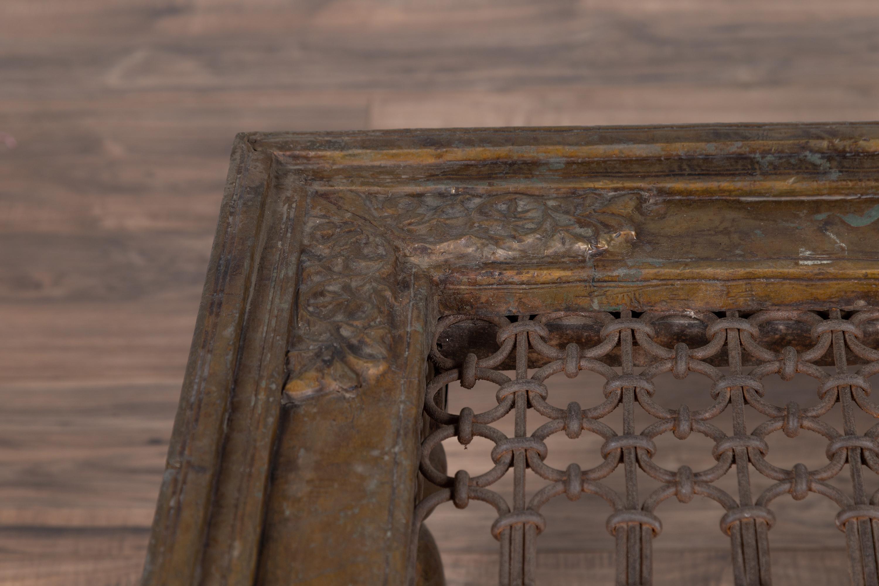 Antique Indian Brass Window Grate Coffee Table with Iron Geometric Design In Good Condition For Sale In Yonkers, NY