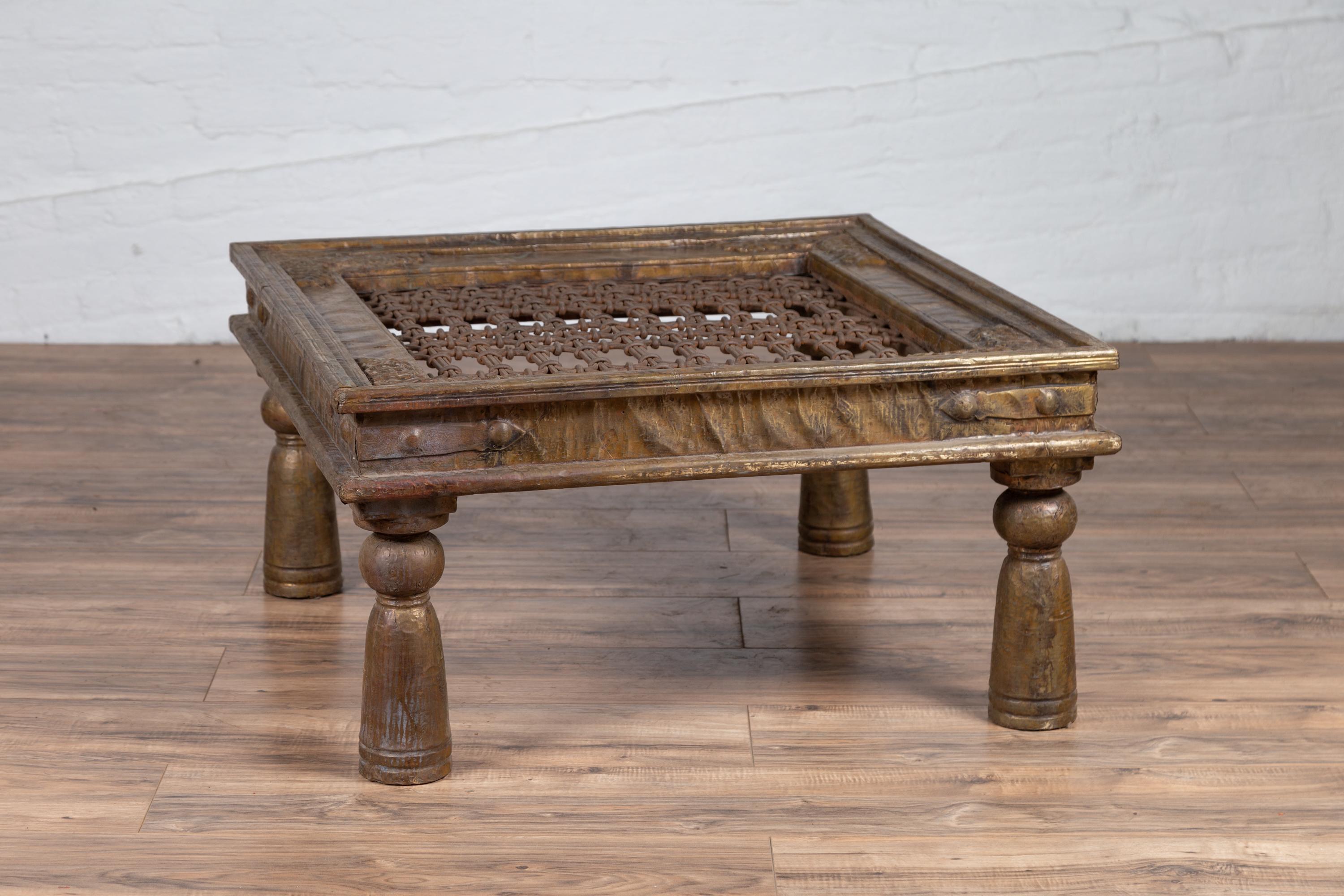 Antique Indian Brass Window Grate Coffee Table with Iron Geometric Design For Sale 2