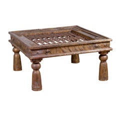 Used Indian Brass Window Grate Coffee Table with Iron Geometric Design