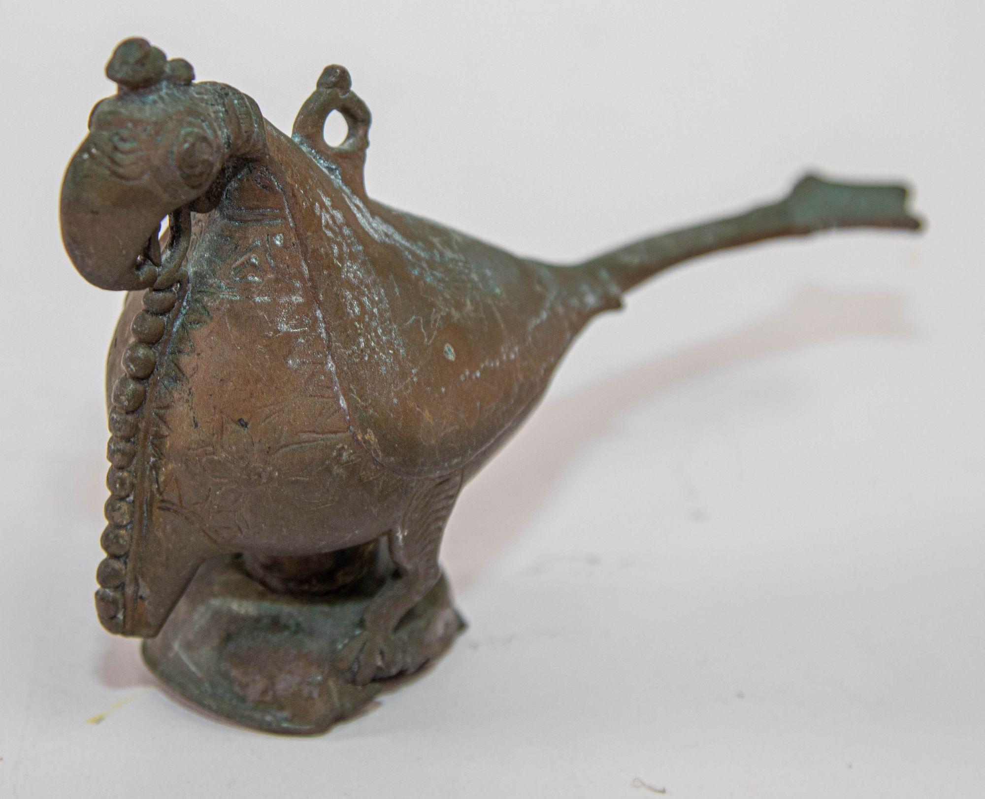 Cast Antique Indian Bronze Parrot Figure oil Lamp Rajasthan 19th Century For Sale